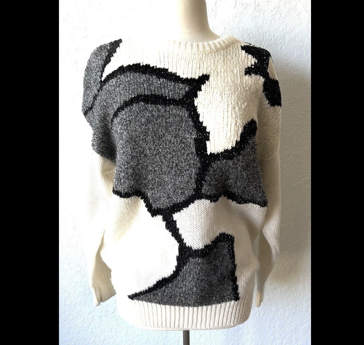 Vintage Diana Marco Sweater Womens Large Cream Gray Black Sparkle Grandma EUC