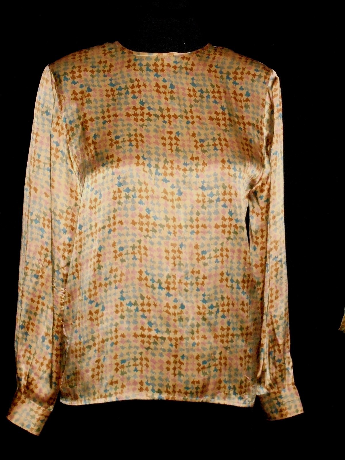 USA VinTage 4 Silk Blouse Gold Beige Teal Long Sleeve Jewel Keyhole Neckline