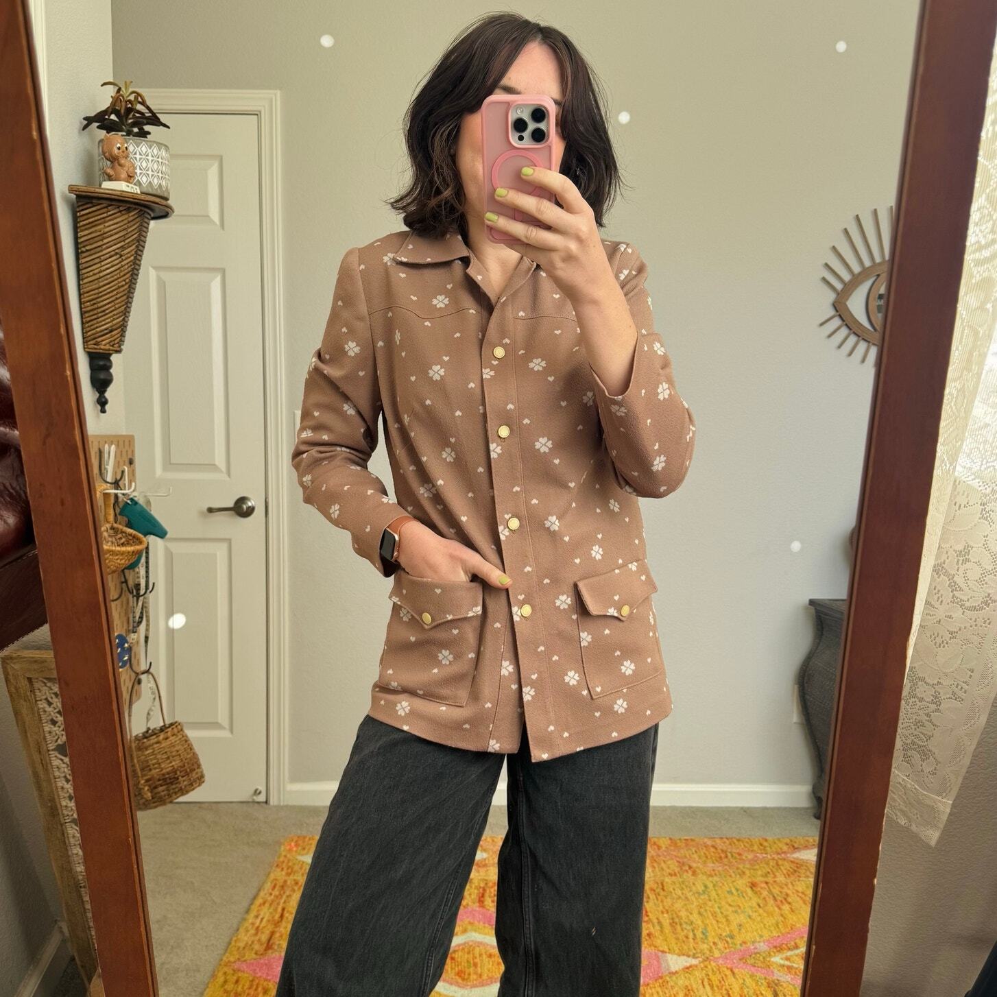 Vintage 70s heart clover taupe shirt jacket double knit poly big pockets sz M-L