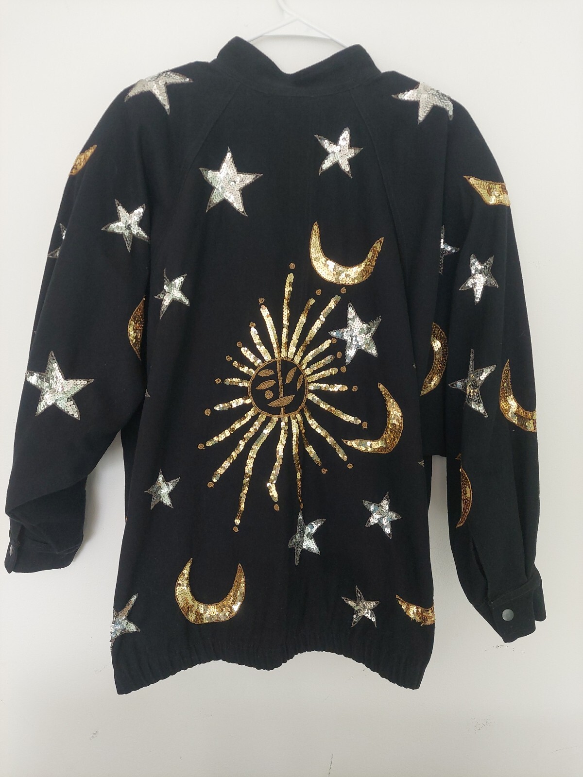 Vintage Modi Denim Celestial Sun Moon Stars Black Sequined Jacket Medium
