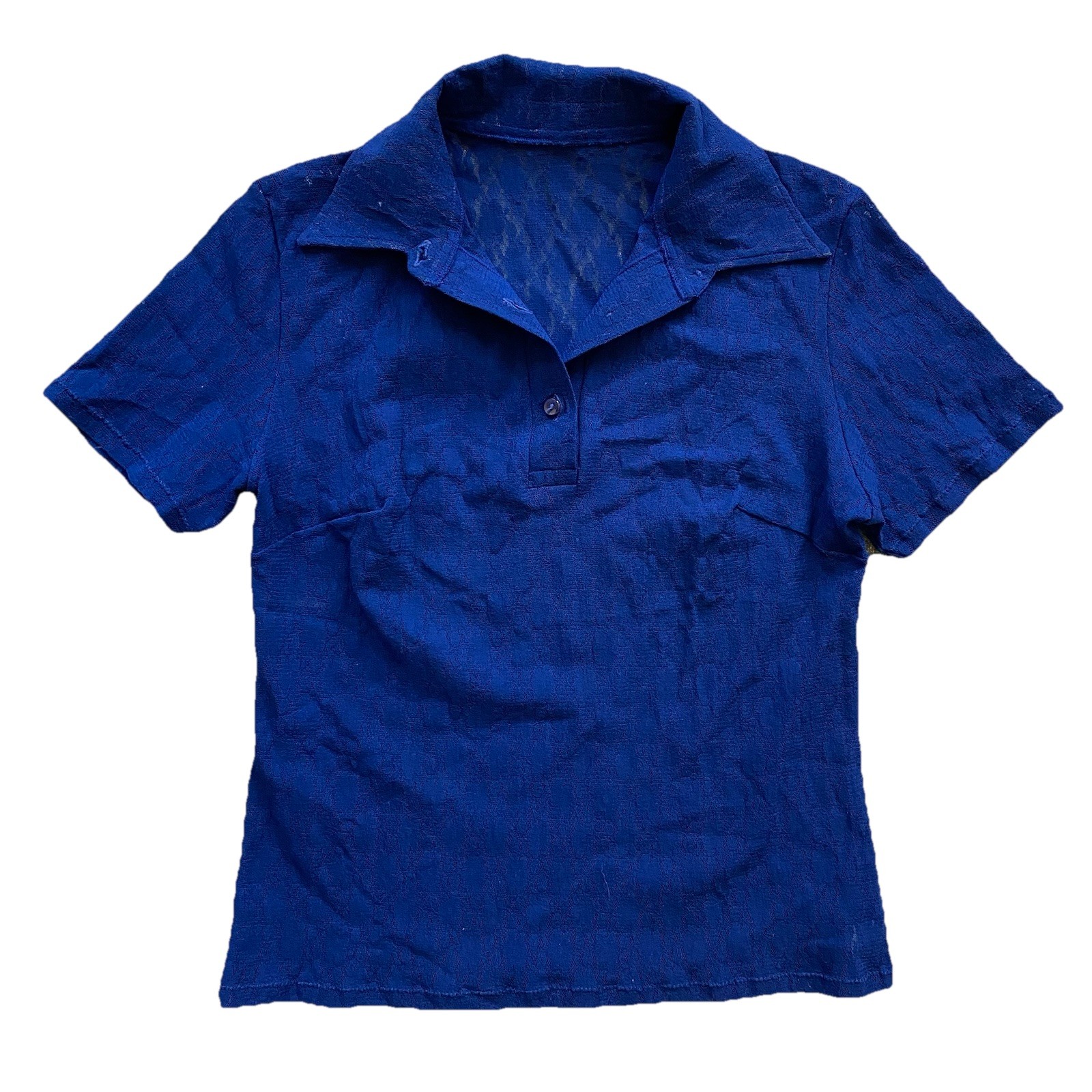 Vintage 70s Top Semi Sheer Blue Medium Polo Shirt Made in France