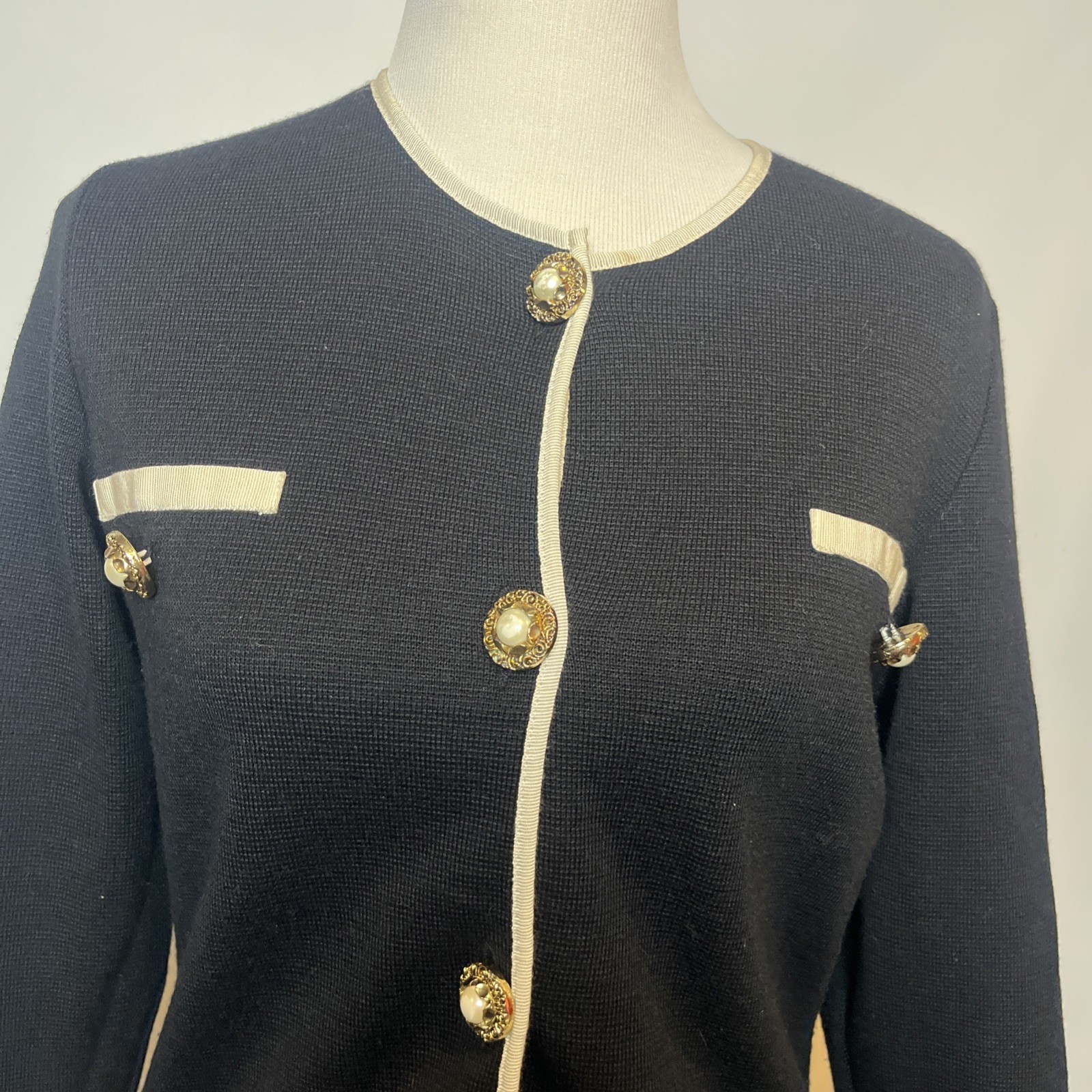 90s Preppy Black w/ White Trim Knit Longsleeve , Gold Buttons, Size S