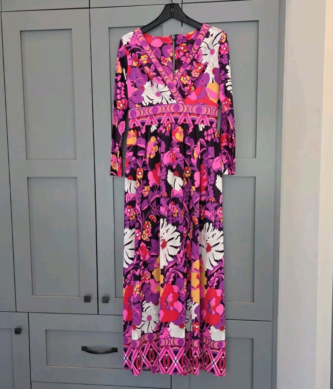 VTG 60s 70s Floral Long Sleeve Maxi Dress Rear Zip MCM Psychedelic Retro Size 14