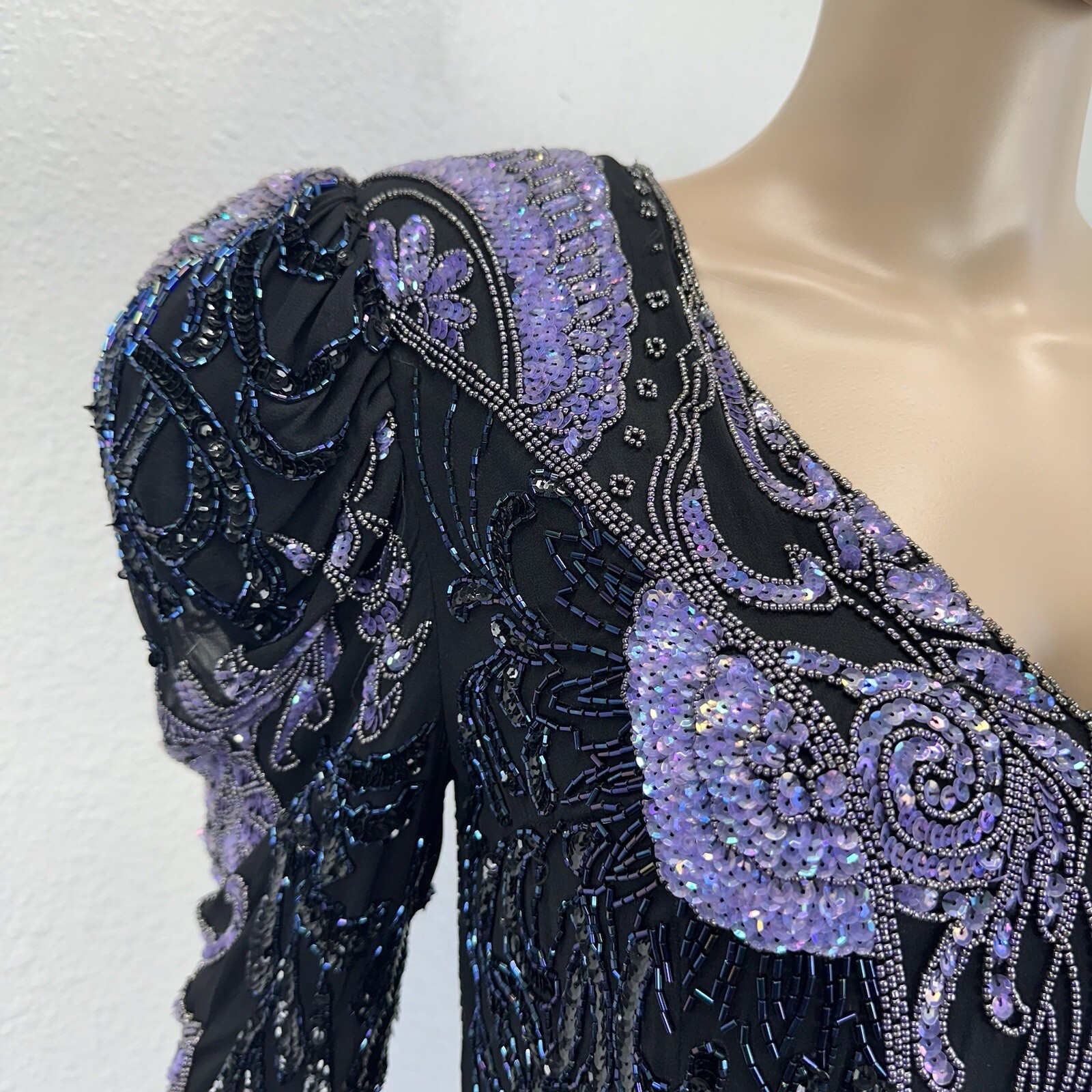 Vtg Fully Beaded Sequin Silk Mini Dress Tunic Peacock Great Gatsby Dancer M