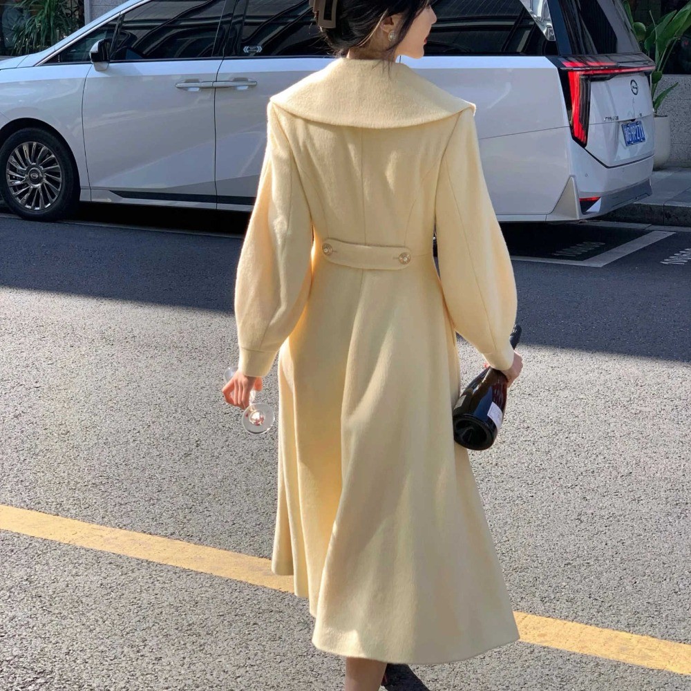 Ladies Yellow Coat Tweed Jacket Double Breasted Wide Hem Shawl Collar