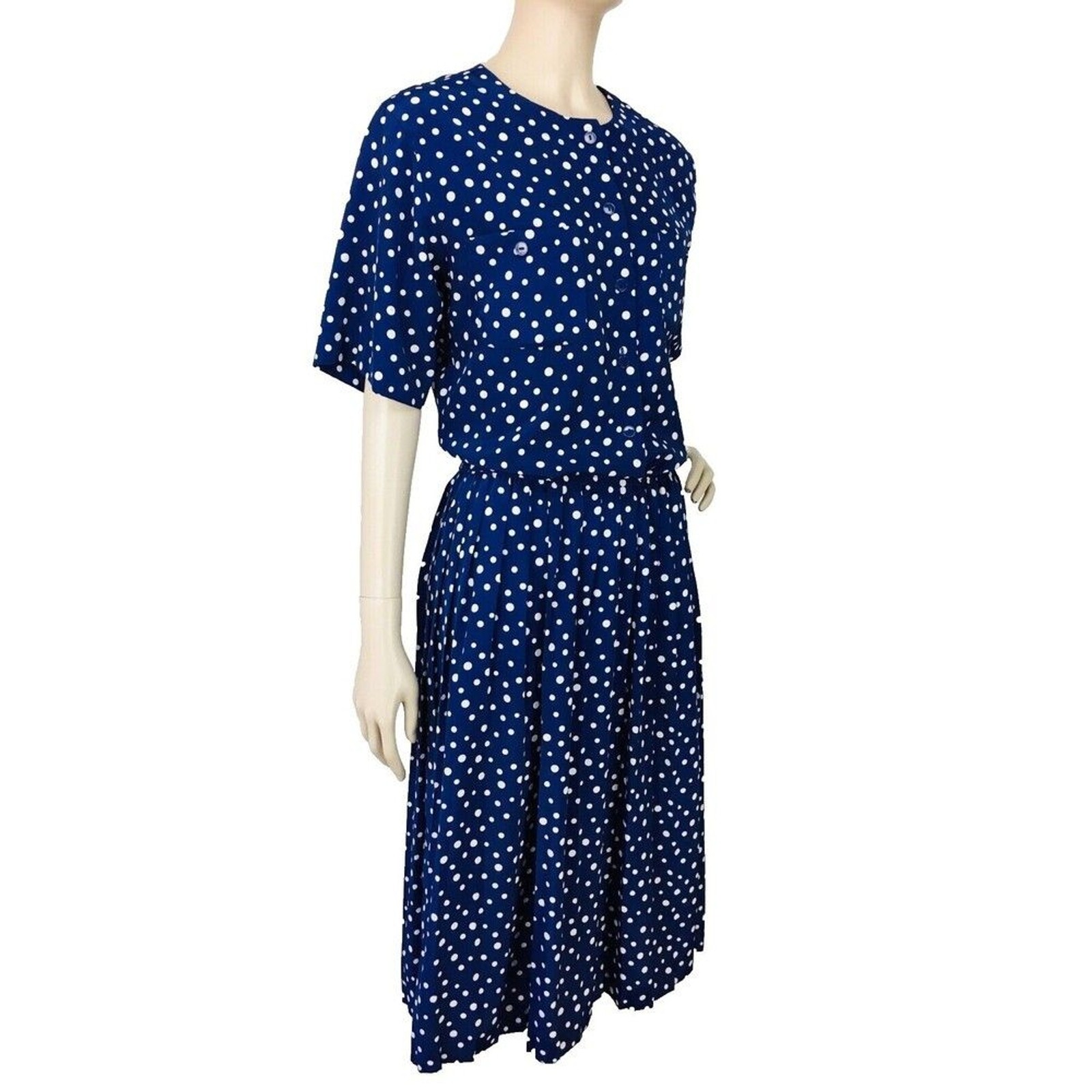 Vintage 80s Liz Roberts Navy Blue White Polka Dot Midi Button Front Shirt Dress