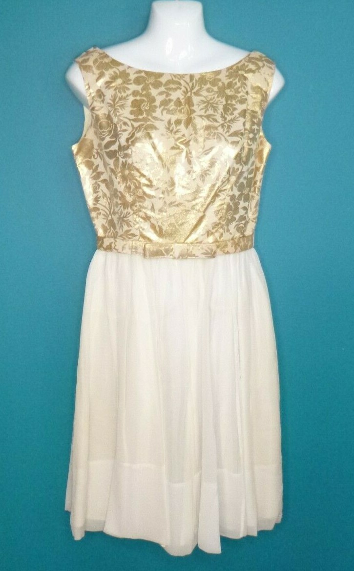 Vtg 60s Party Dress Gold Metallic Floral Bodice & Belt Cream Chiffon Skirt Sz 13