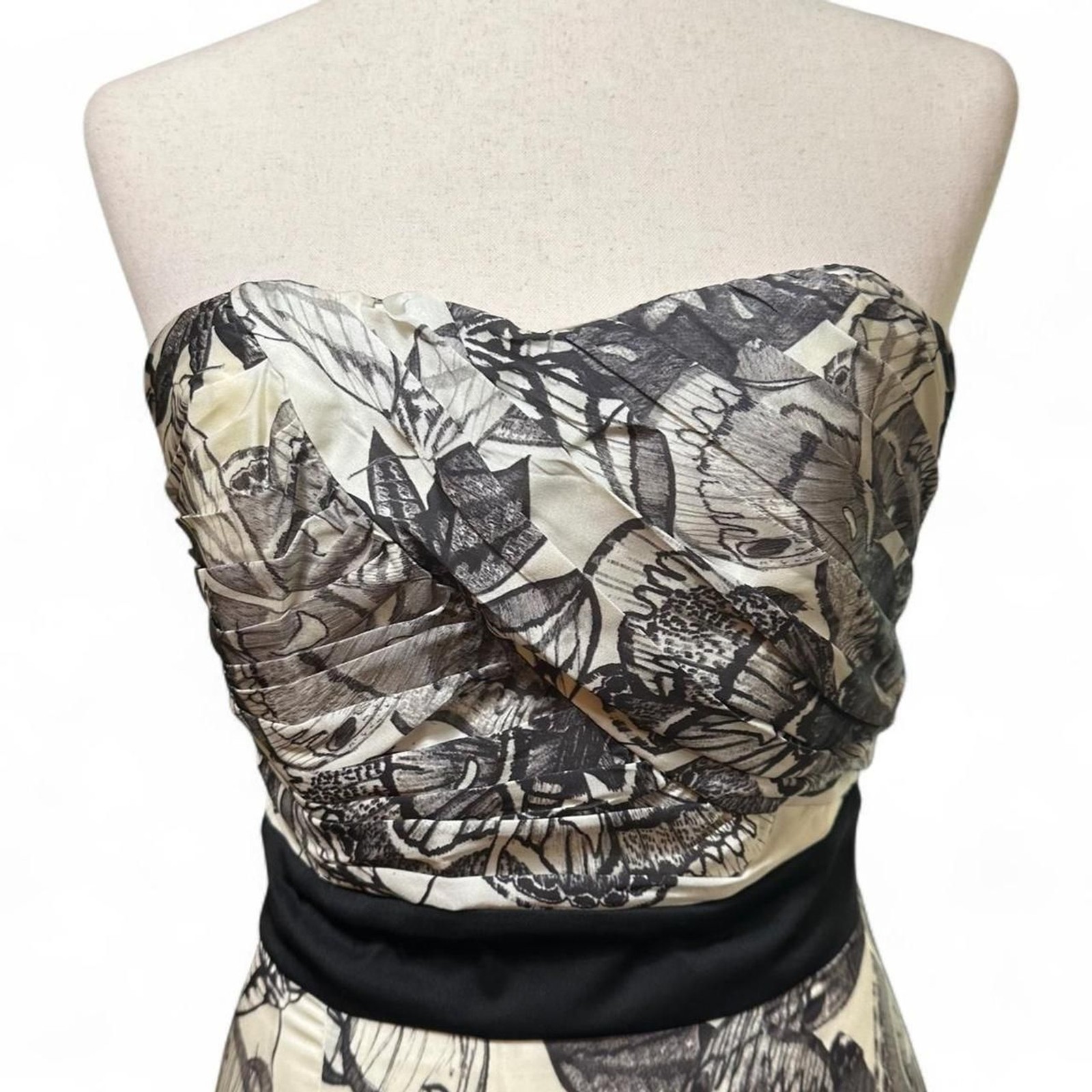 2010s H&M Black and White Moth Fitted Strapless Pencil Dress
