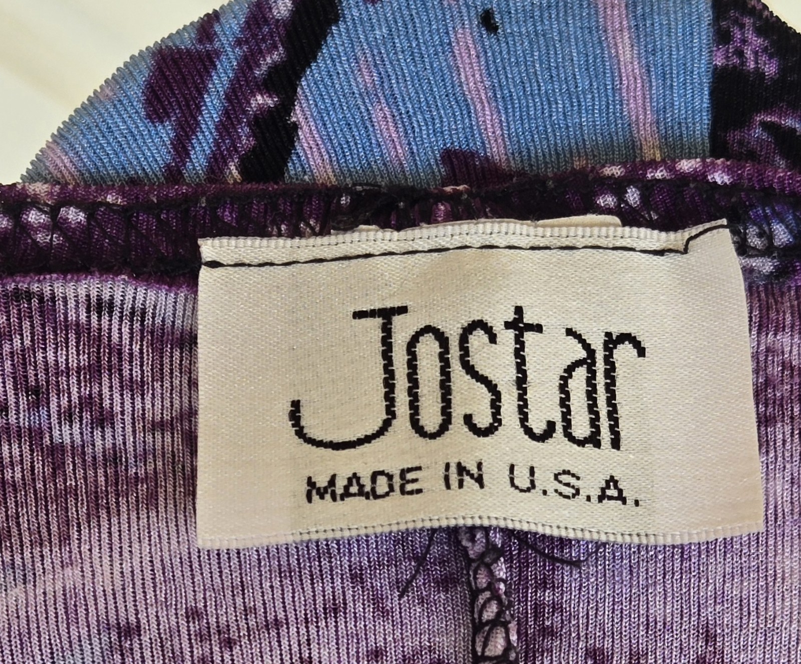 1980s JOSTAR Purple Black Blue Poly Spandex Abstract Floral Maxi Travel Dress L
