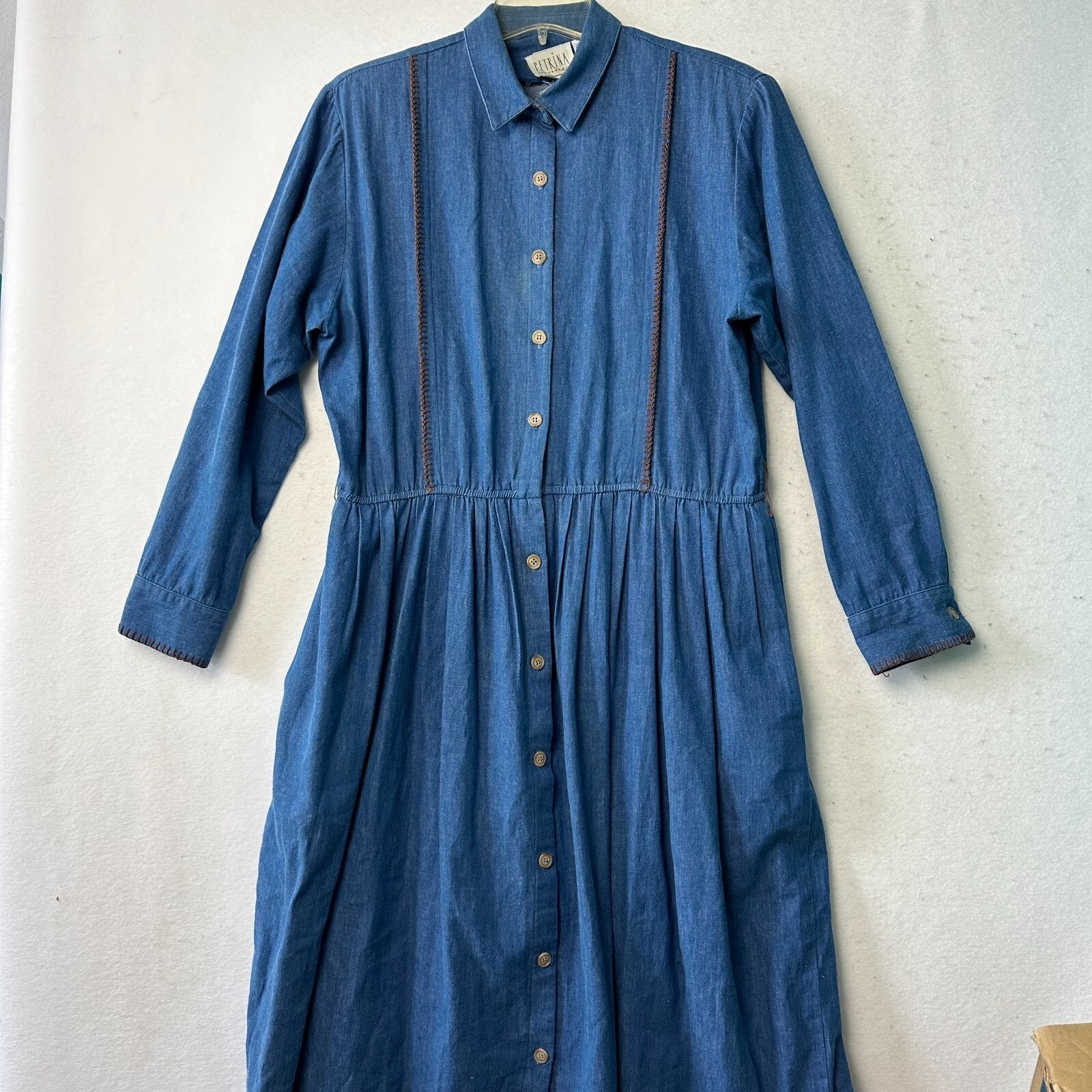 Petrina and Company Vintage Denim Shirt Dress Blue Whipstitch Midi USA Size 16