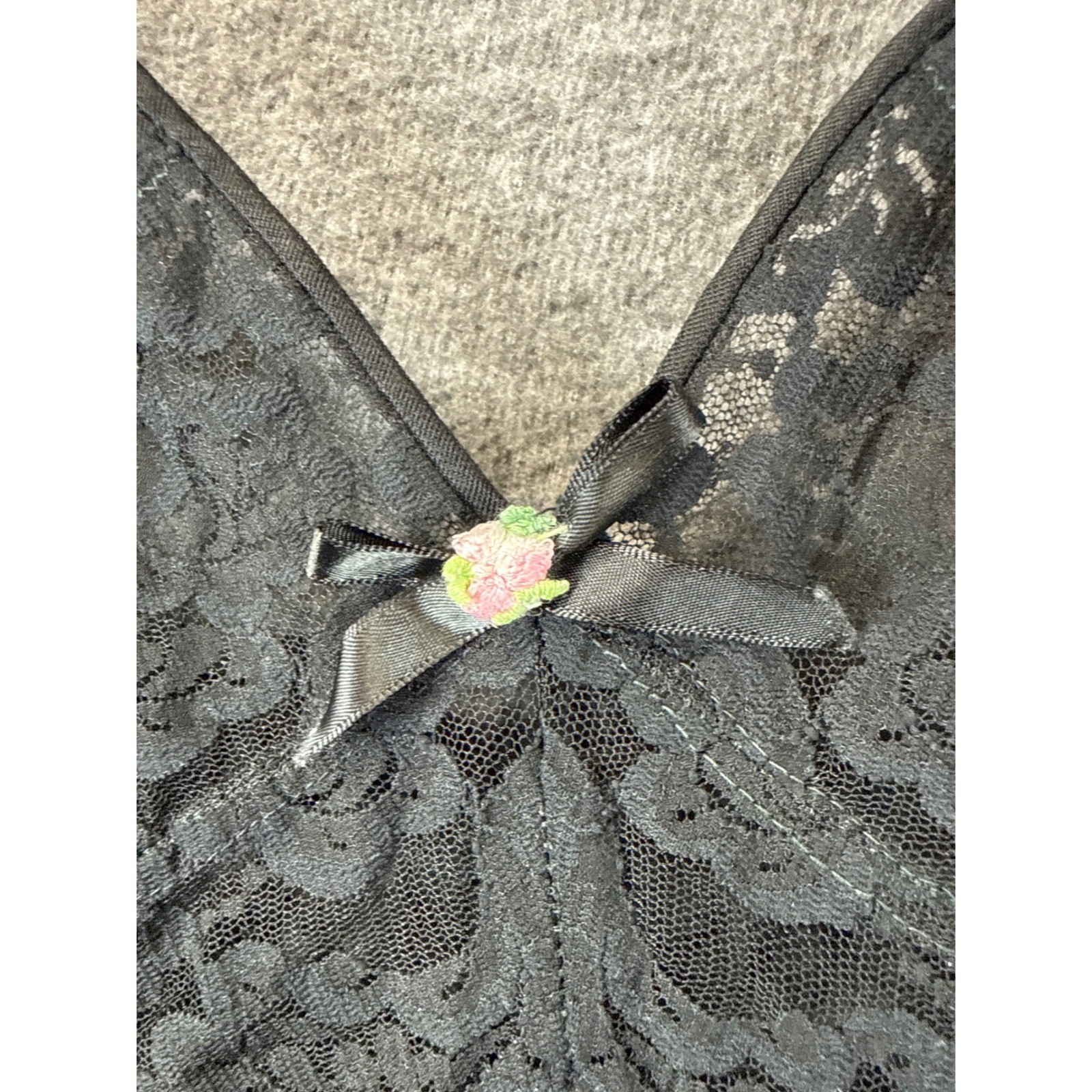 Vtg Glydons Maxi Nightgown Size L Sheer Lace Trim Bow Rosette Romantic USA Made
