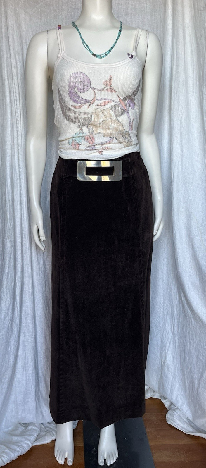 Vintage 1970s Maxi Skirt Brown Velveteen Metal Buckle Boho Hippie Grunge 70s XS