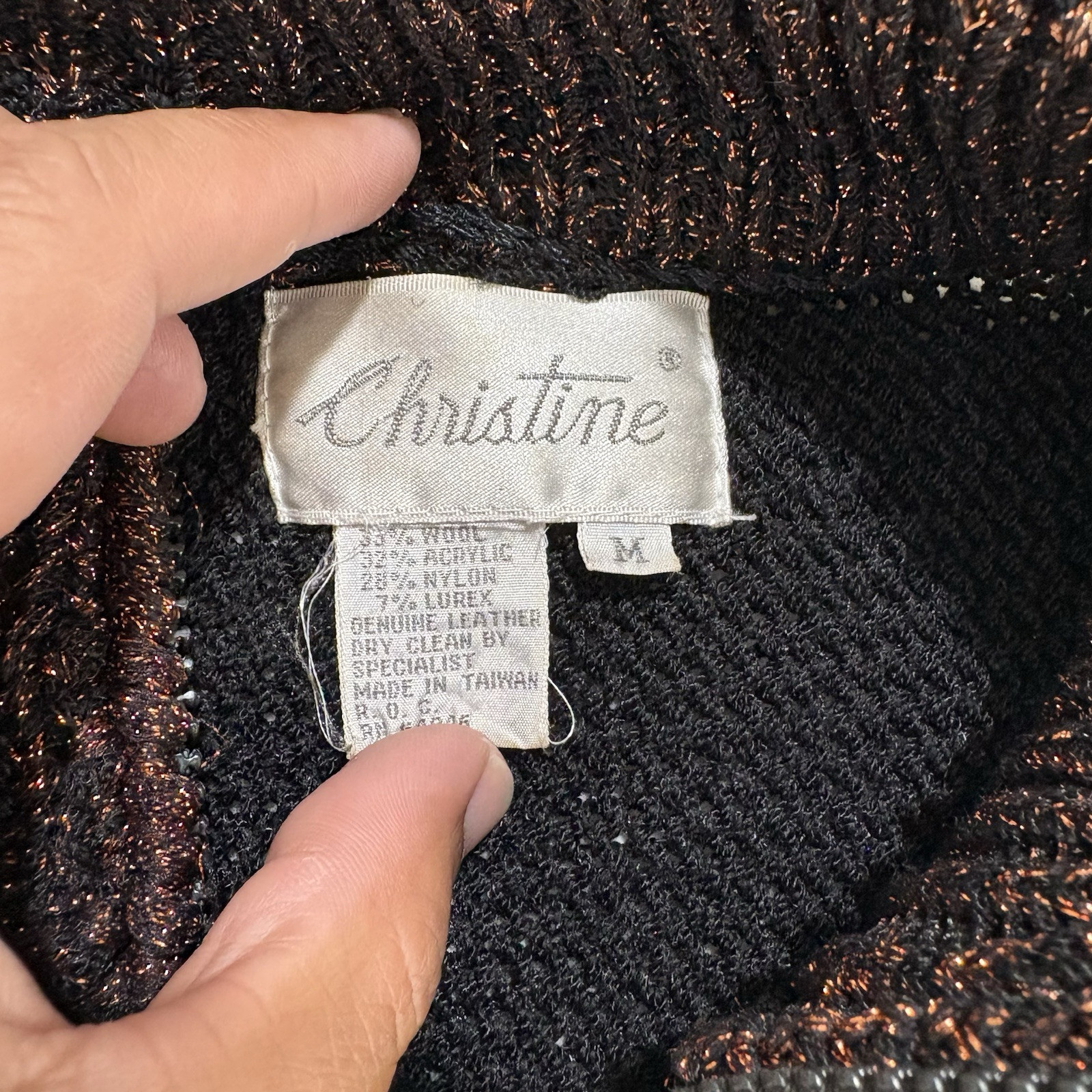 Vtg 80s Christine Knit Jacket Zip Sweater Embellished Beaded Suede Wool Tassels