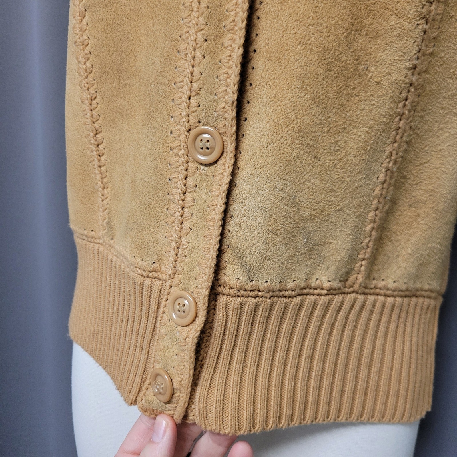 Vintage 70s Tami Sportswear Vest Tan Leather Suede Knit Whipstitch Button Front