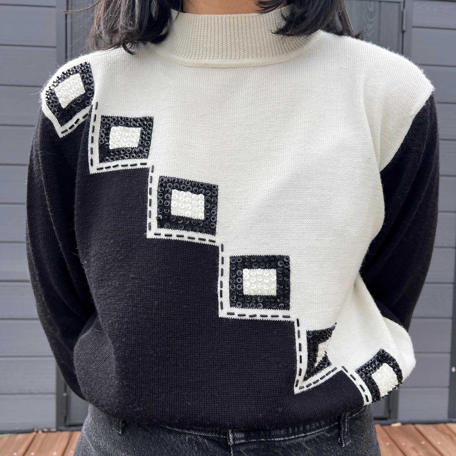 Vintage Black White Graphic Sweater 80s 90s Colorblock Sequin Knit Pullover Med
