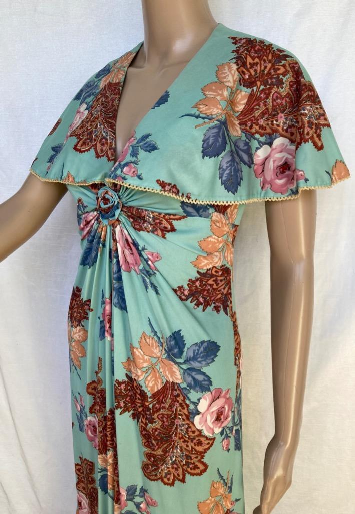 Corky Craig California Dress Vtg 1960s Caplet Shawl Collar Aqua Rose Paisley