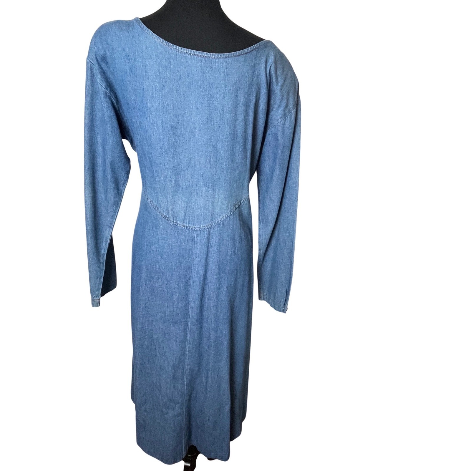 Vtg Womens Denim Long Sleeve Midi Dress Tickets California 80s Western Prarie LG