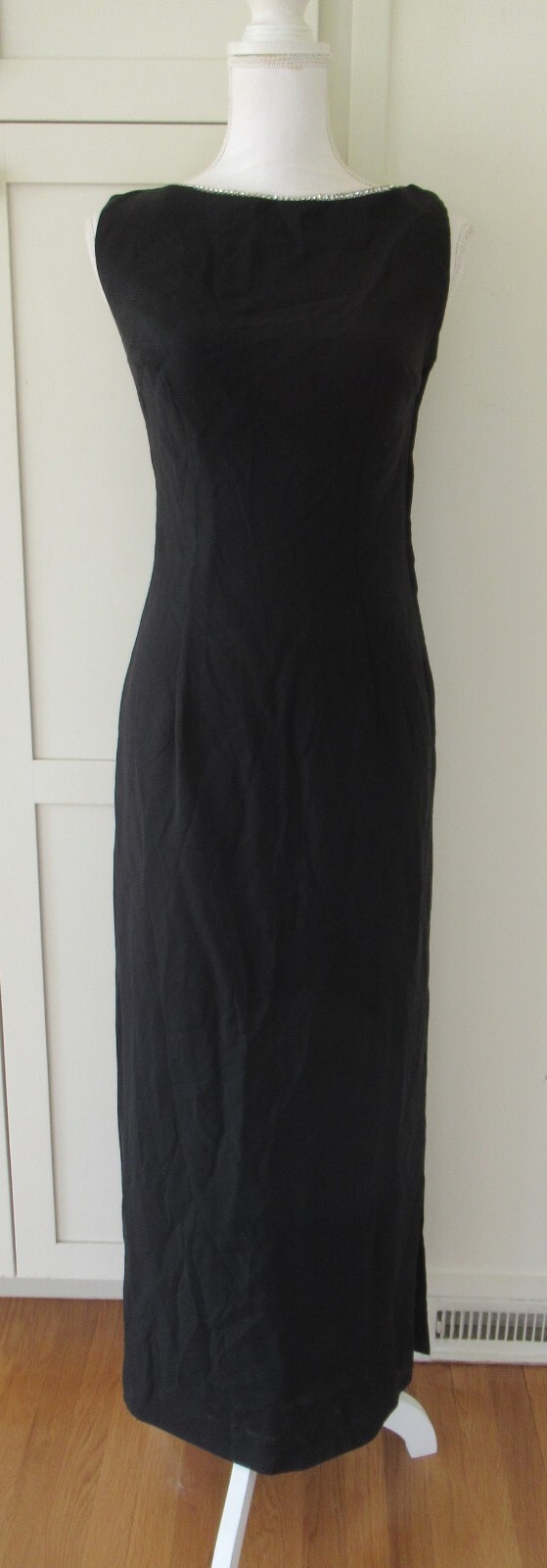 Vintage 70s Lee Jordan Black Rhinestone Maxi Dress Gown Holiday Party Formal