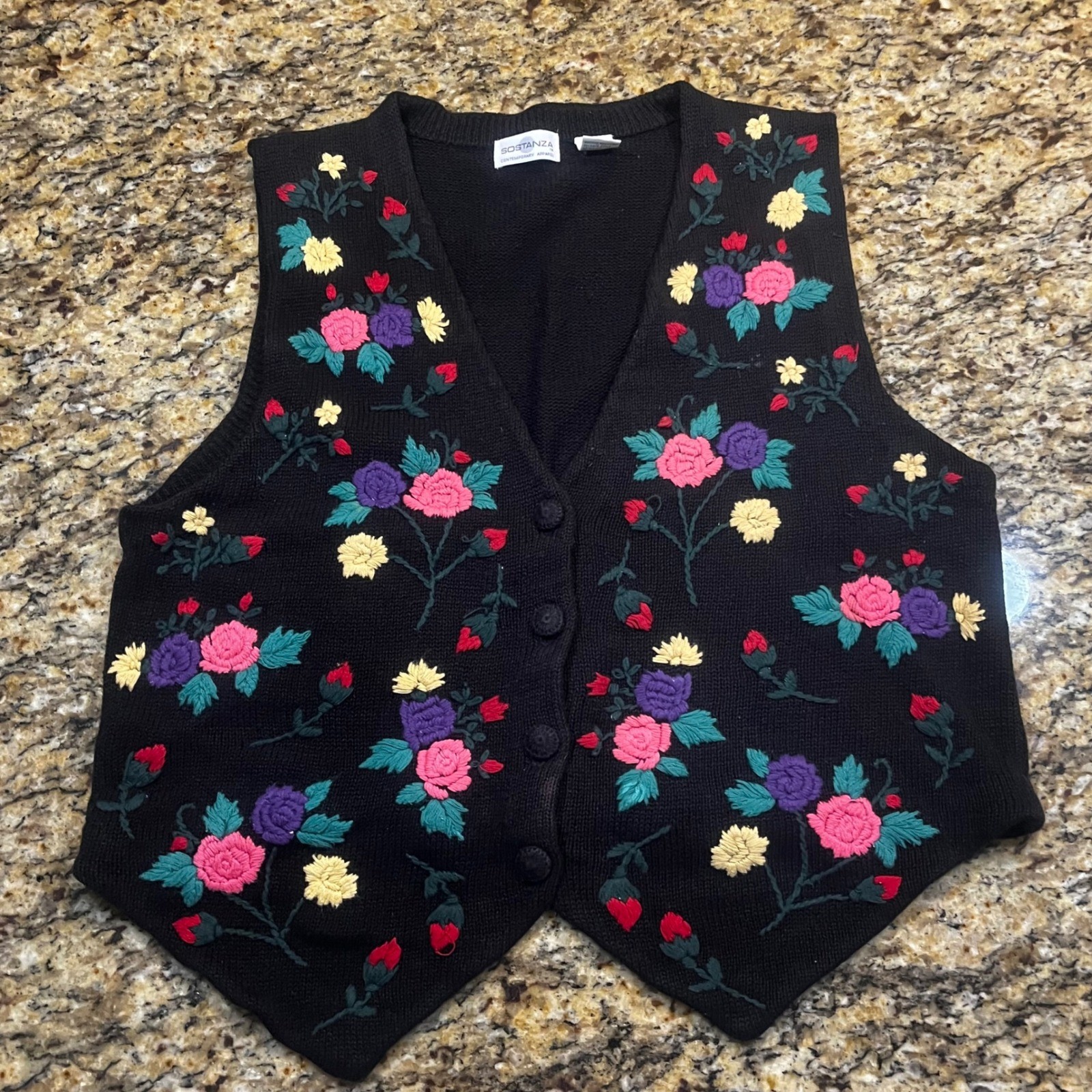 Vintage Sostanza Floral Embroidered Knit Sweater Vest Black Cotton Ramie Large