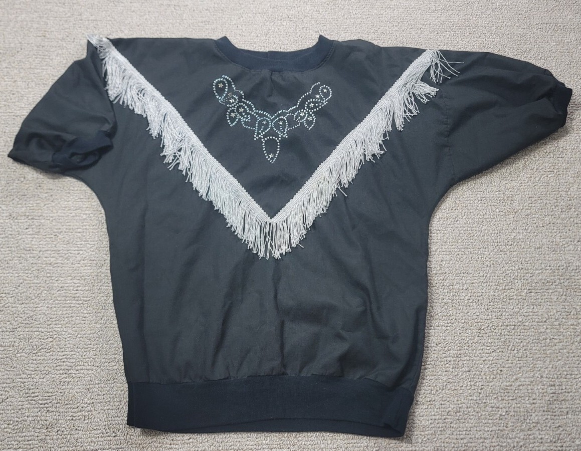 1980s Vintage Black Rhinestone Star Short Sleeve Retro Fringe Cowgirl Top Shirt