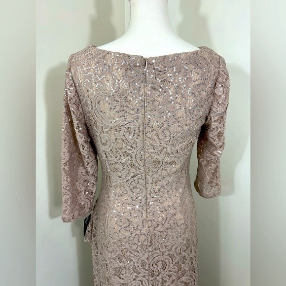 Alex Evenings Sequin Lace Gown 3/4 Sleeves Cascade Detail Front Slit Size 8 NEW
