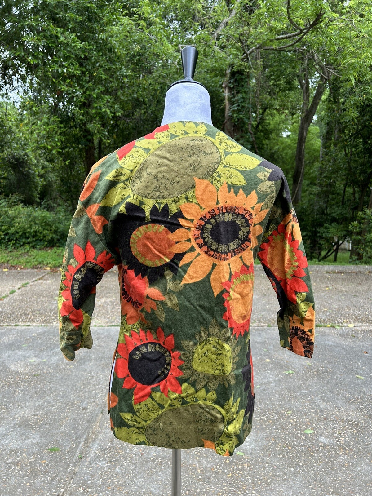 Vtg 60s Mod Floral Blouse Shirt Jacket 3/4 sleeve Sunflowers Abstract Art Boho