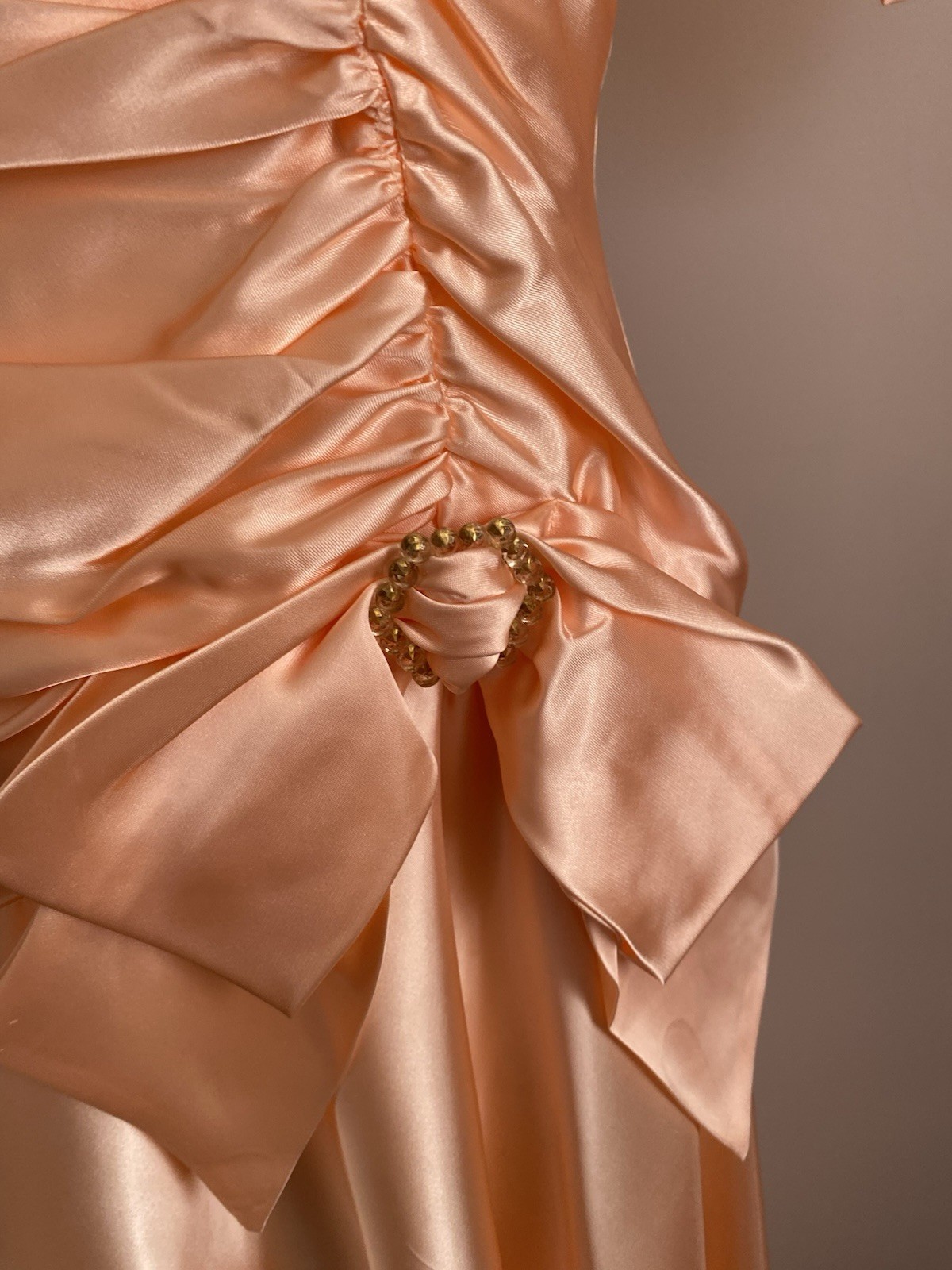 Vtg JC Penny Peach 80s Prom Dress 5/6 Gown Hi Lo Ruch Puff Sleeve Satin Union
