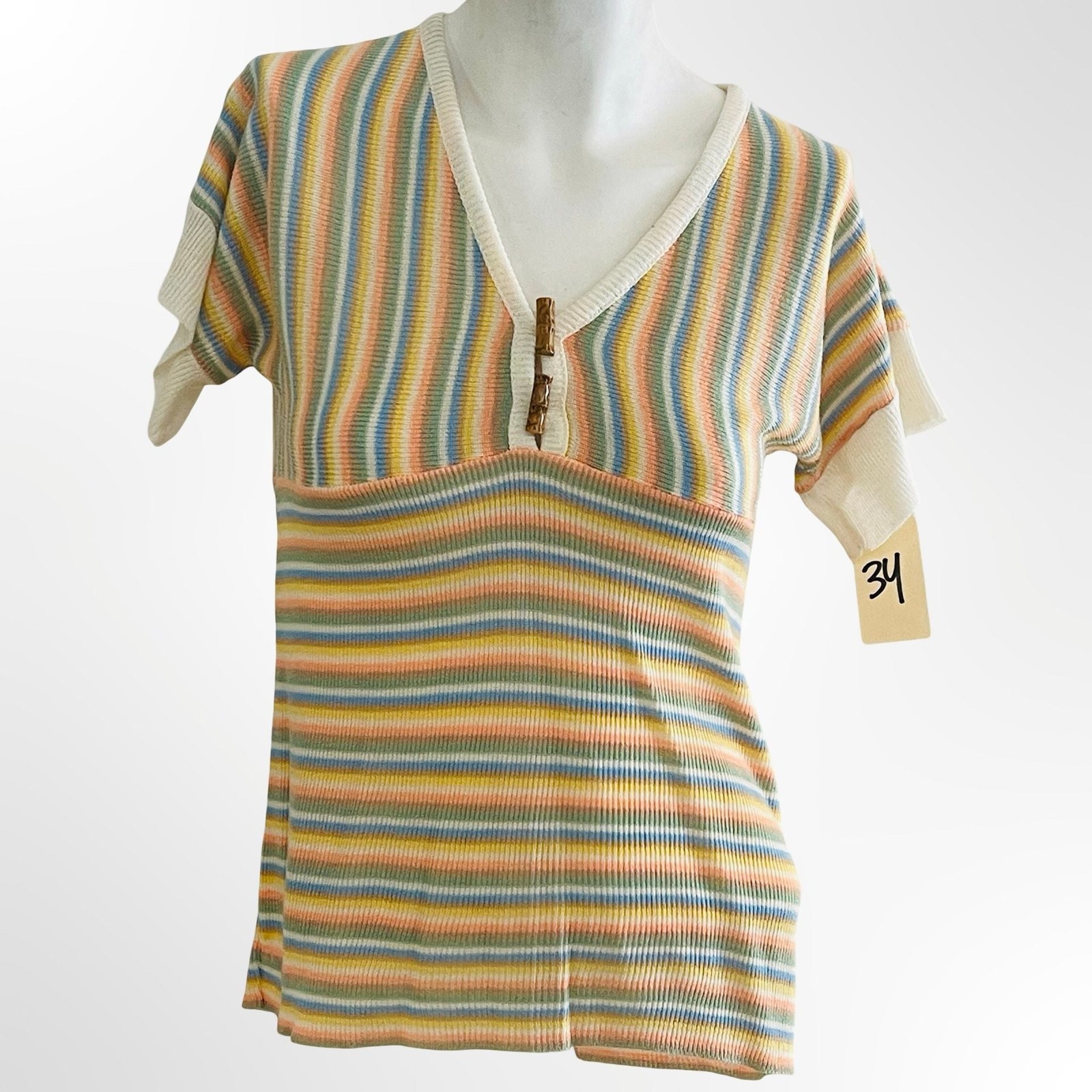 Vintage 1970s Lover’s Leap Ltd. Striped Knit Short Sleeve Top w Bamboo Buttons