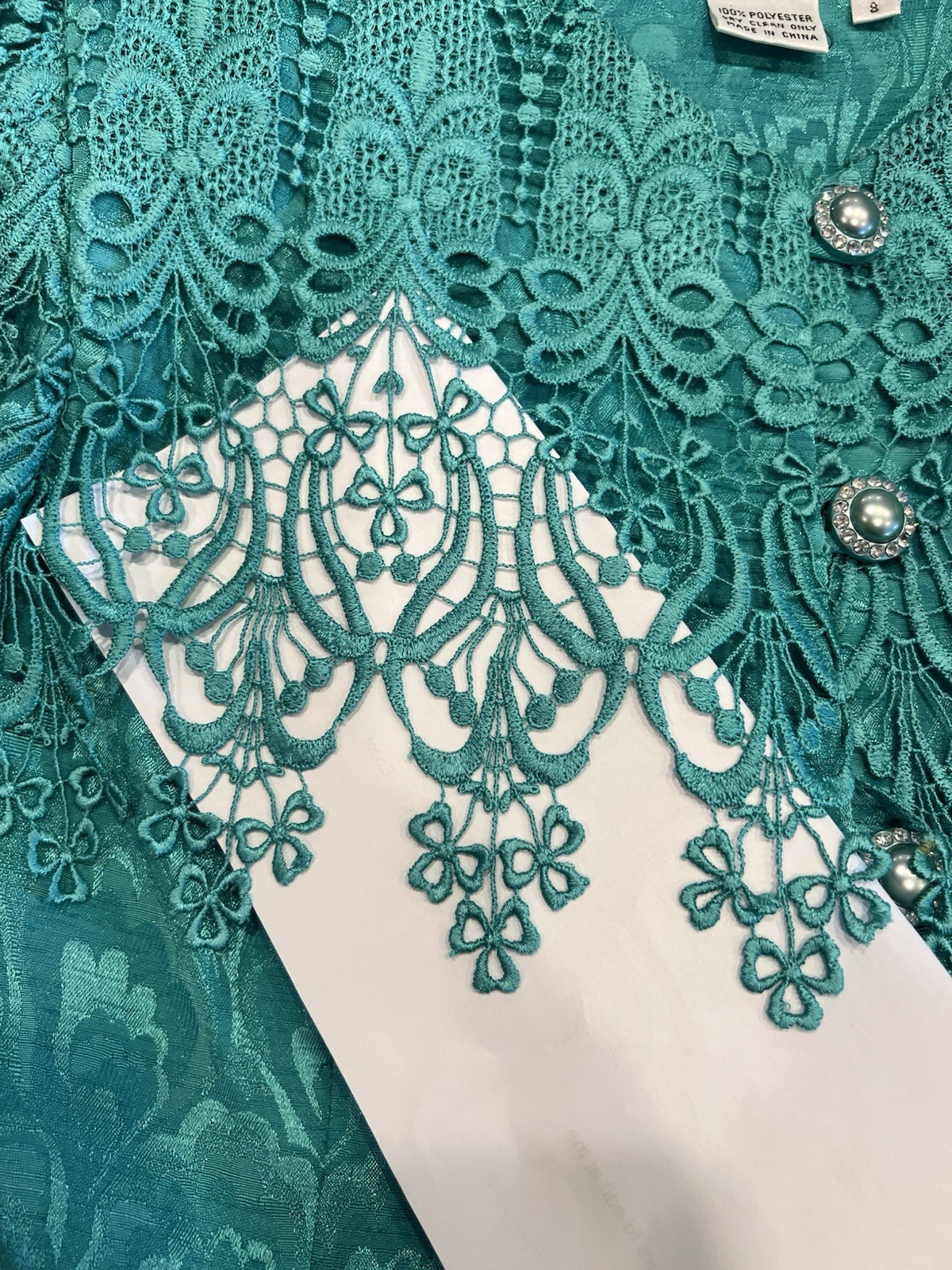 VTG 80’s 2 Piece Teal Dress, Big Lace Rhinestone Buttons, Big Shoulder Pads Sz 8