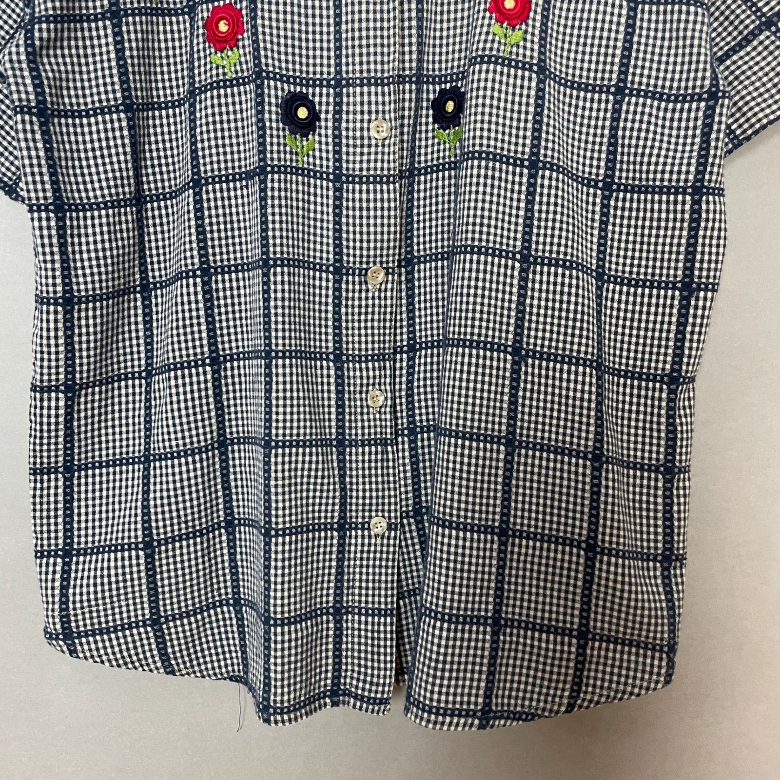 Vintage Gingham Shirt Floral Embroidery Women Size Large Cotton Country Twee Top