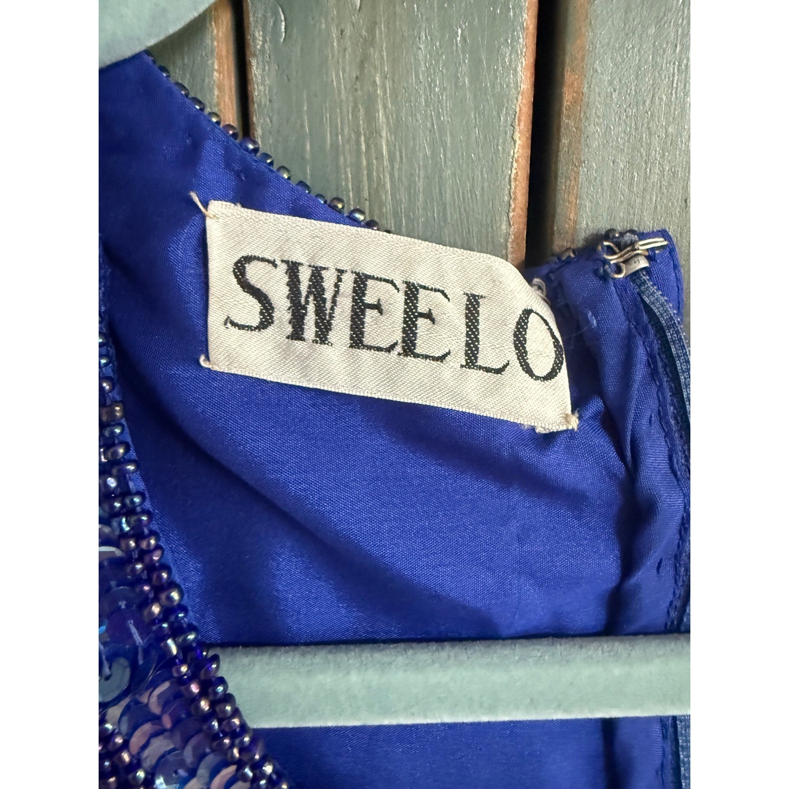 Sweelo Vintage Silk Beaded Sequin Dress Royal Blue Floral Cocktail L 10-12 Glam