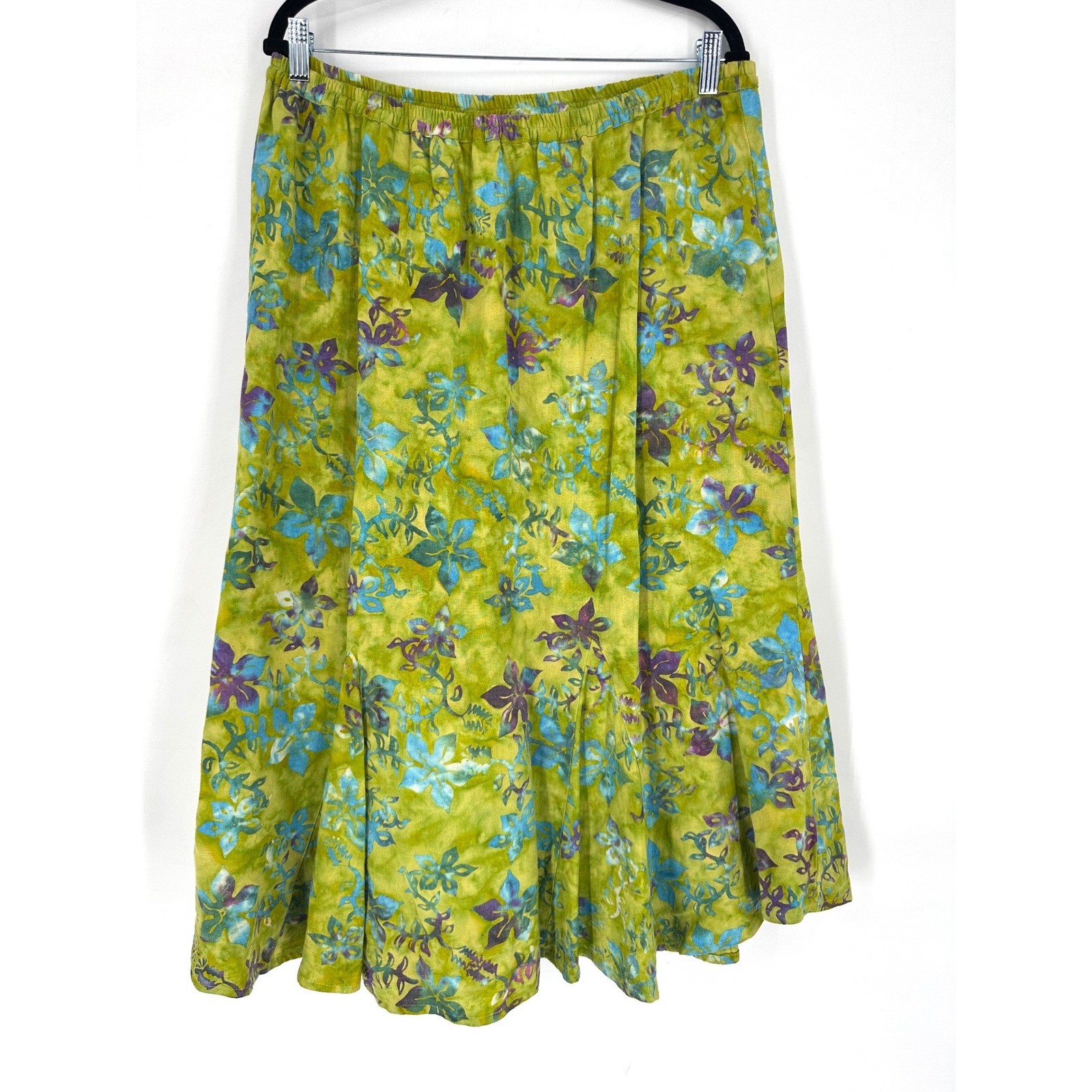 Wind River Y2K Linen Blend Floral Midi Skirt Womens Sz L Boho Cottagecore Batik