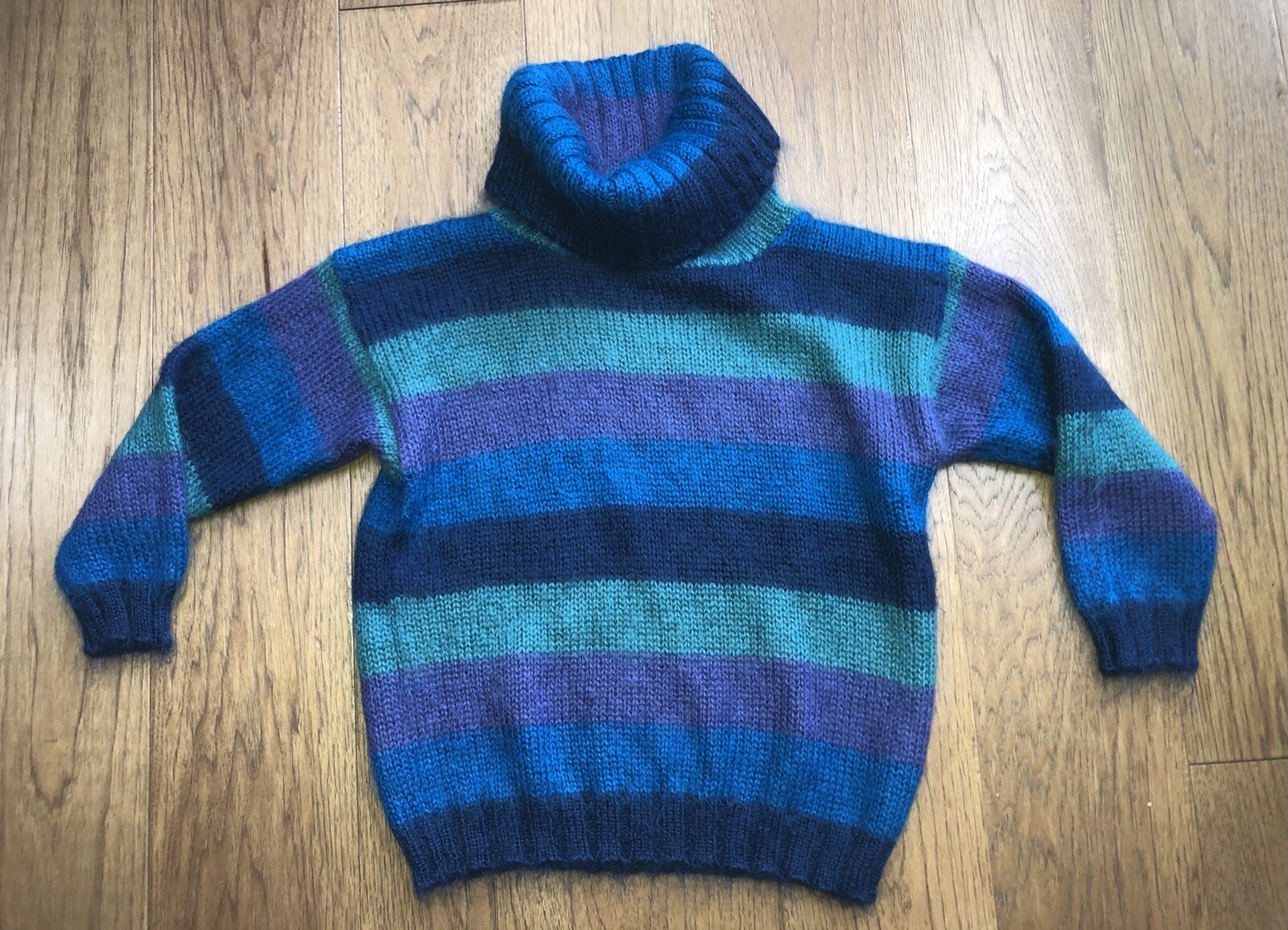 VTG 80s Workshop Fenn Wright Manson Mohair Cowl Sweater L Striped Blue Purple