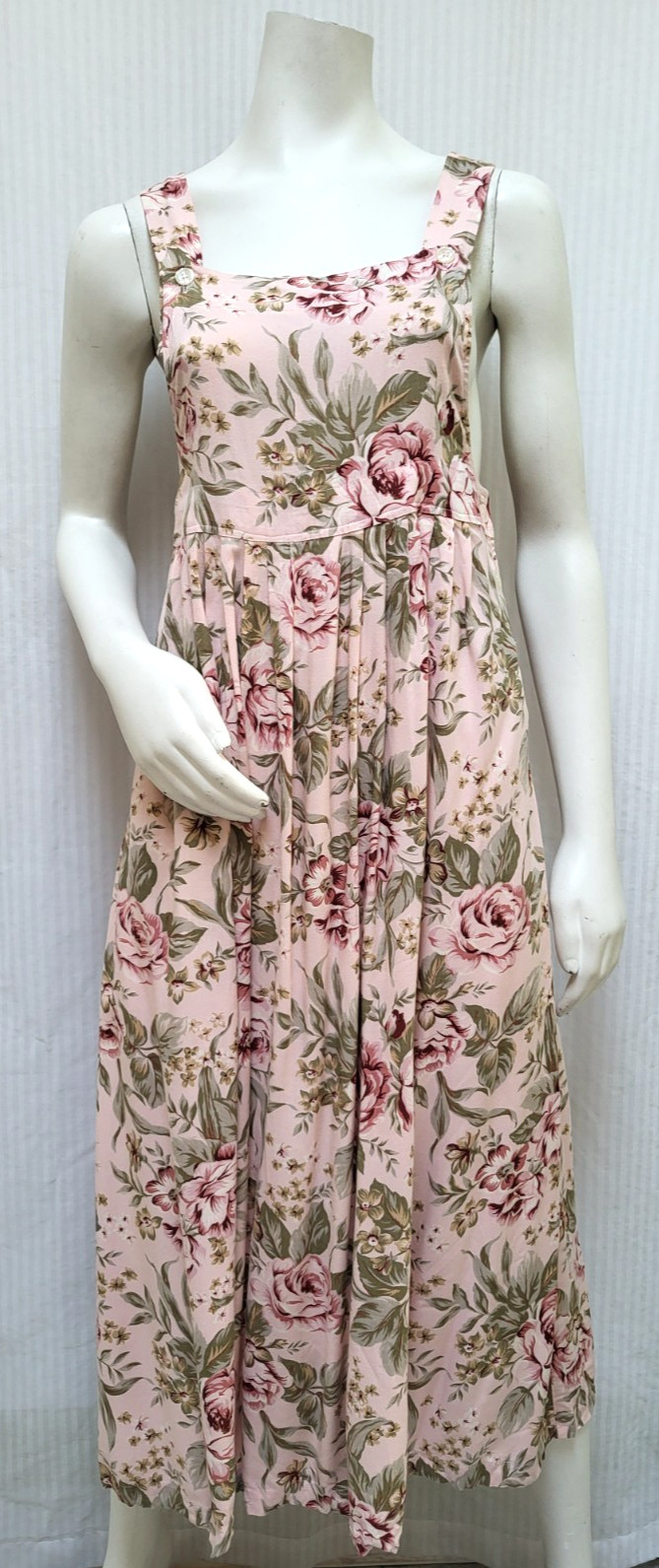 Vintage Moda Int’l Pink Cabbage Rose Print Rayon Jumper Dress – Size S