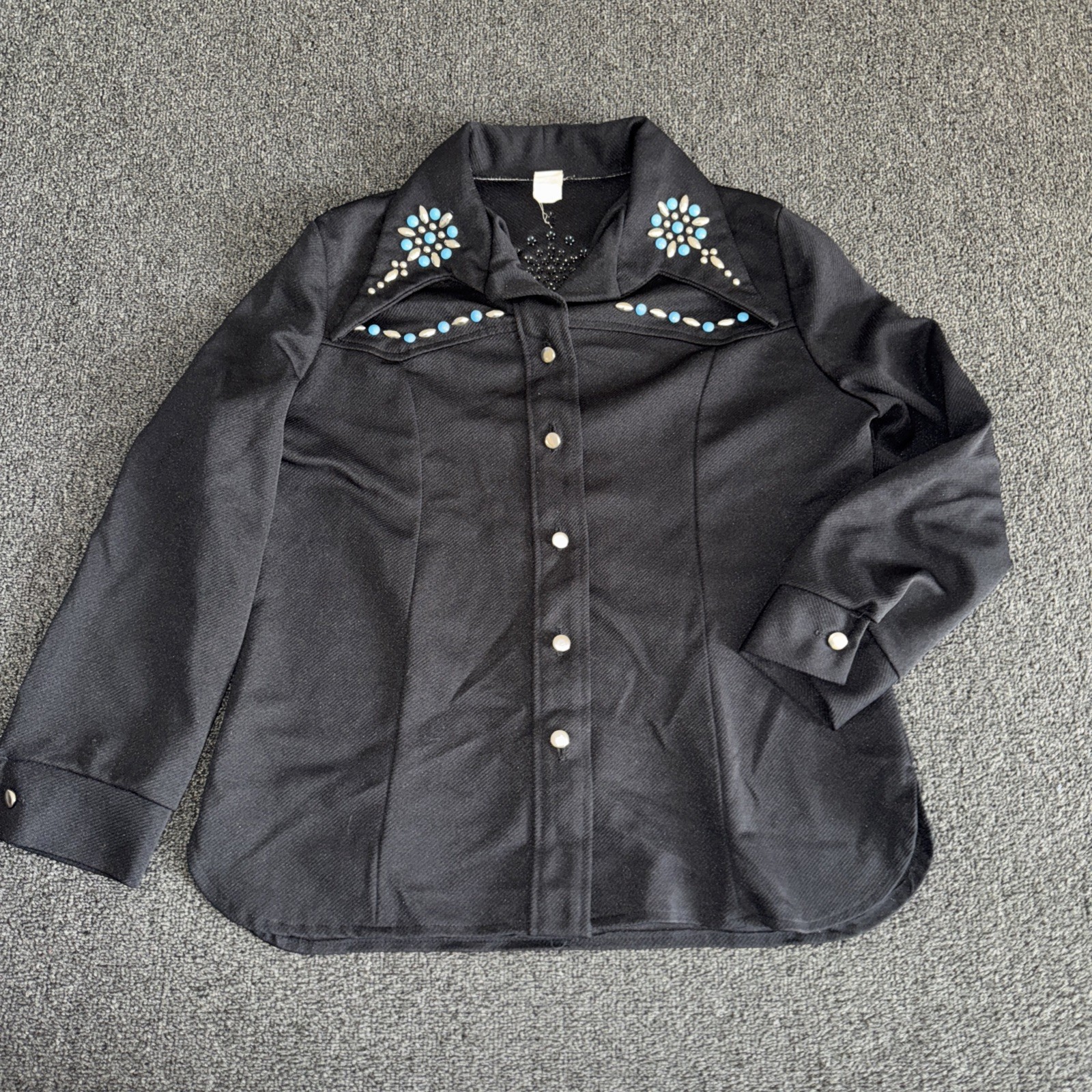 Vintage 70s Black Spread Collar Bejewelled Western Shirt Women’s Size Large Snap