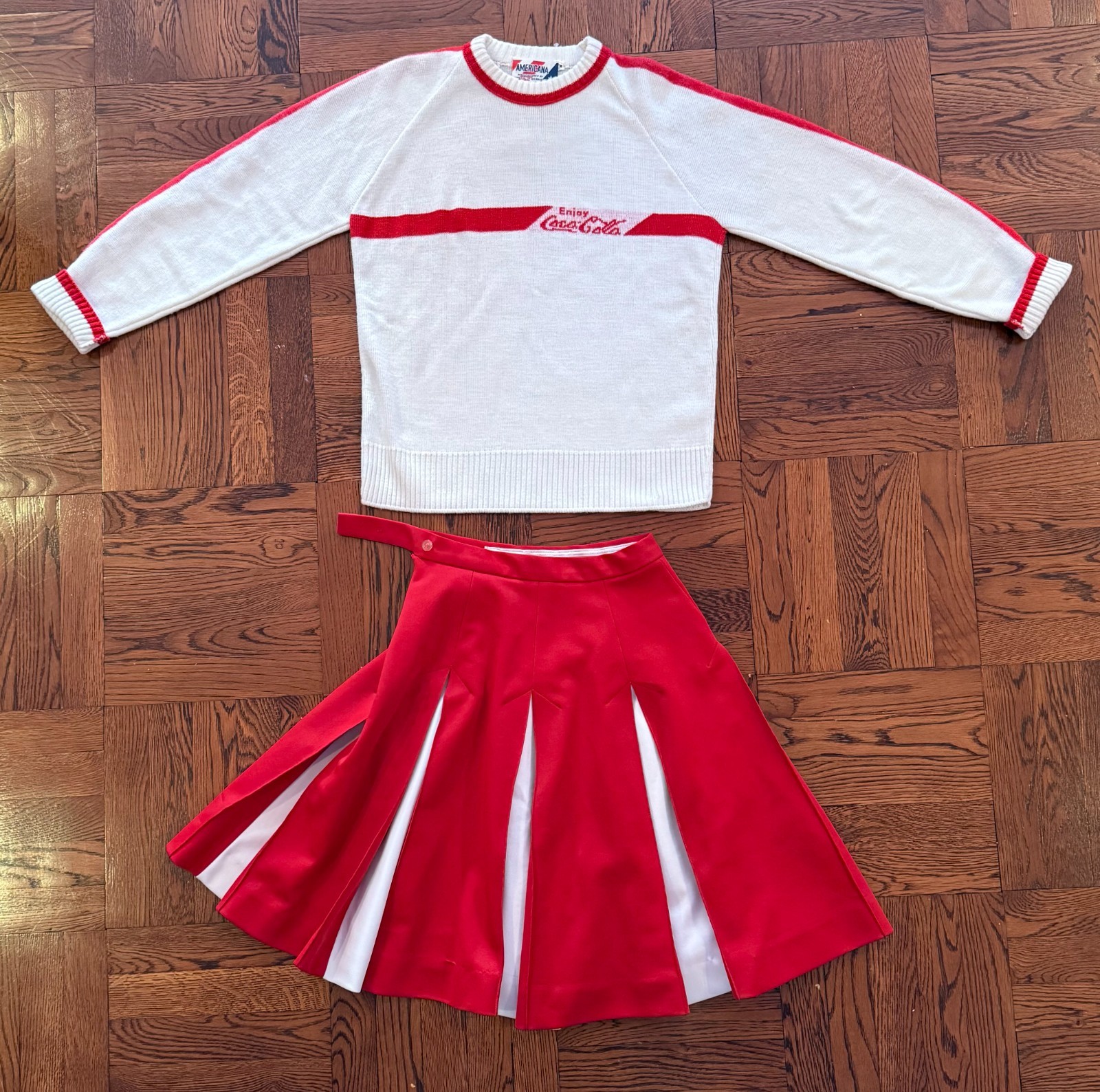 Vtg Cheerleader Set, Enjoy Coca Cola embroidery, Sweater & Pleated Skirt M, Cool
