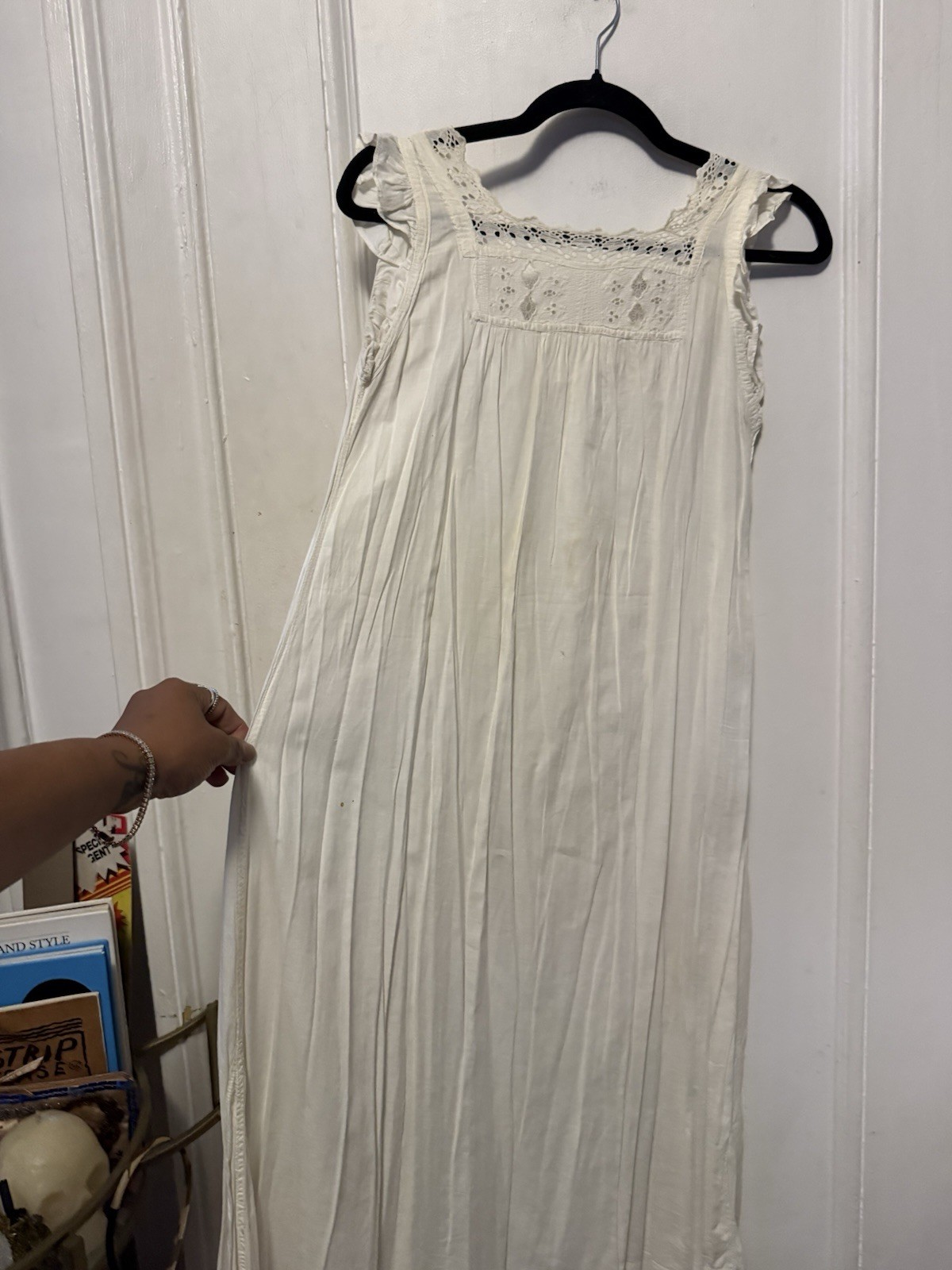 Antique 1910s Edwardian White Cotton Chemise Nightshirt Floral Embroidery Eyelet