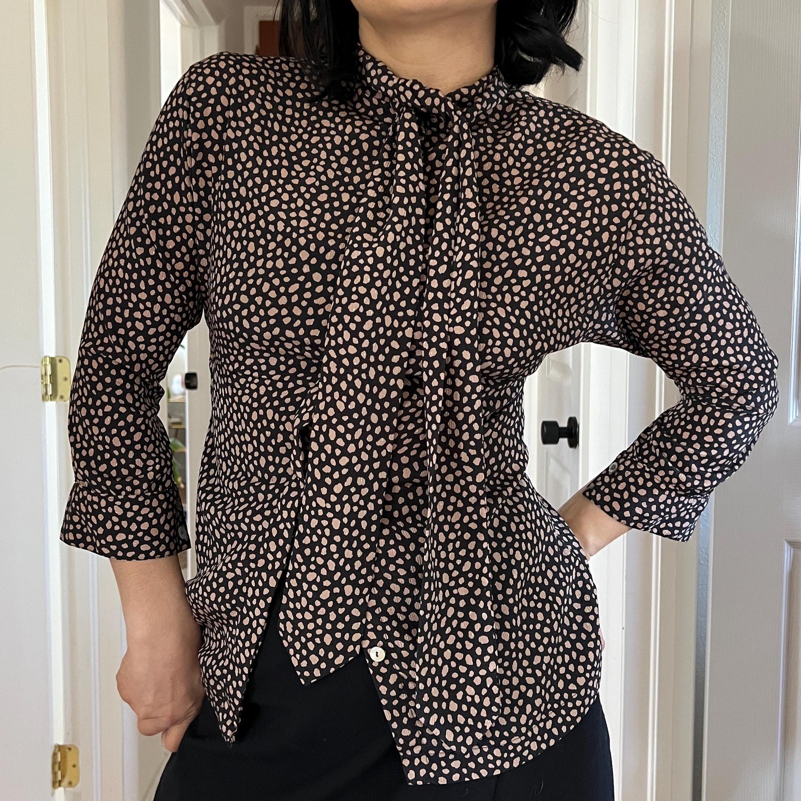 vtg 80s animal spot XS cravat button down blouse brown black neutrals