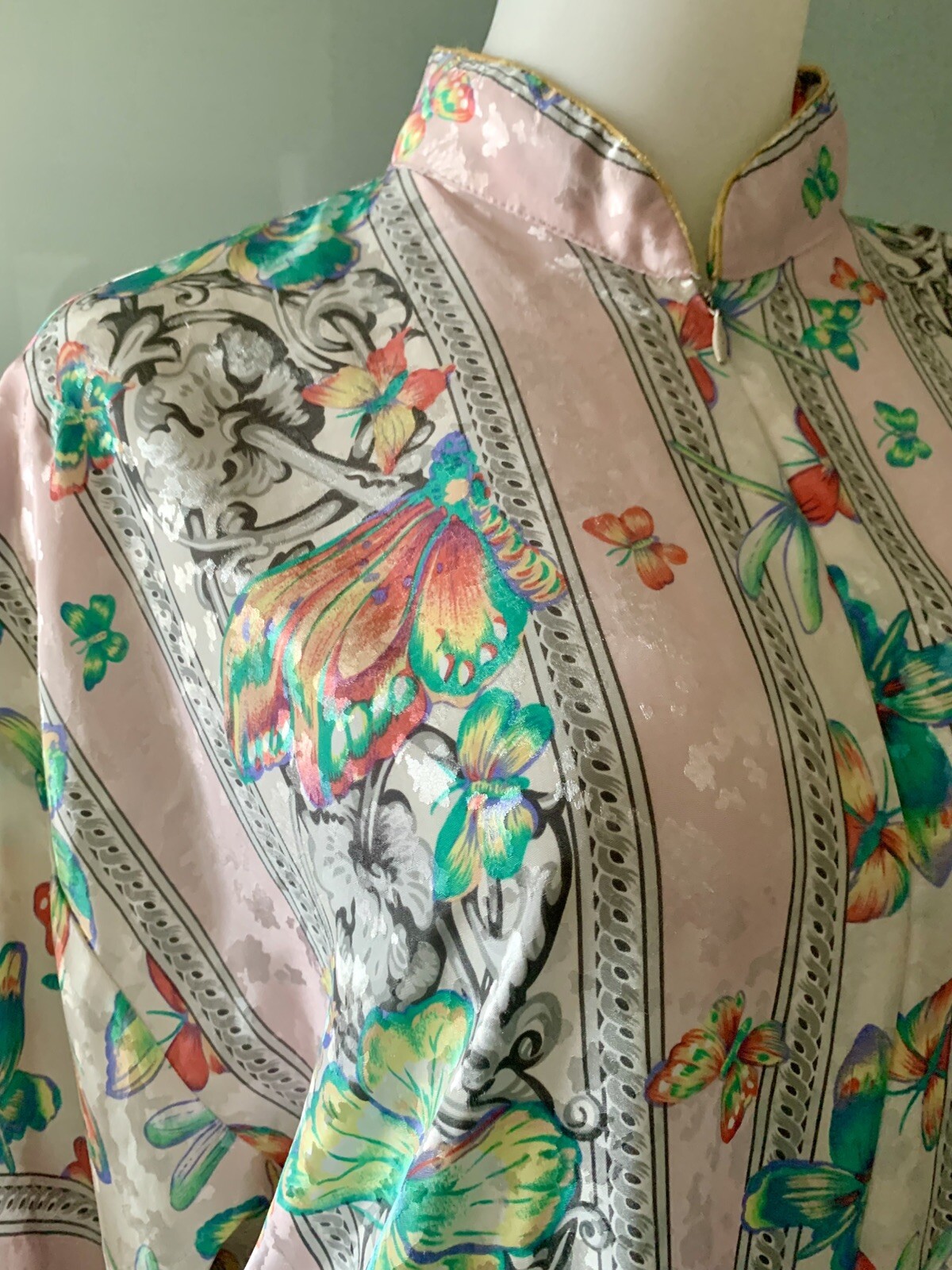 Vintage 70s Ruth Norman Pink Caftan Butterfly Dragonfly Loungewear L/ XL