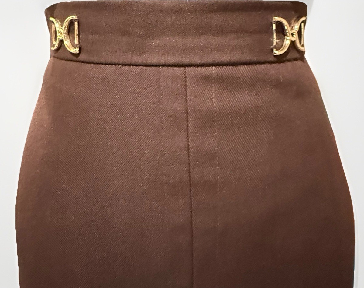 Vintage 70s Custom Brown High Waisted Aline Retro Midi Skirt Slit Secretary S