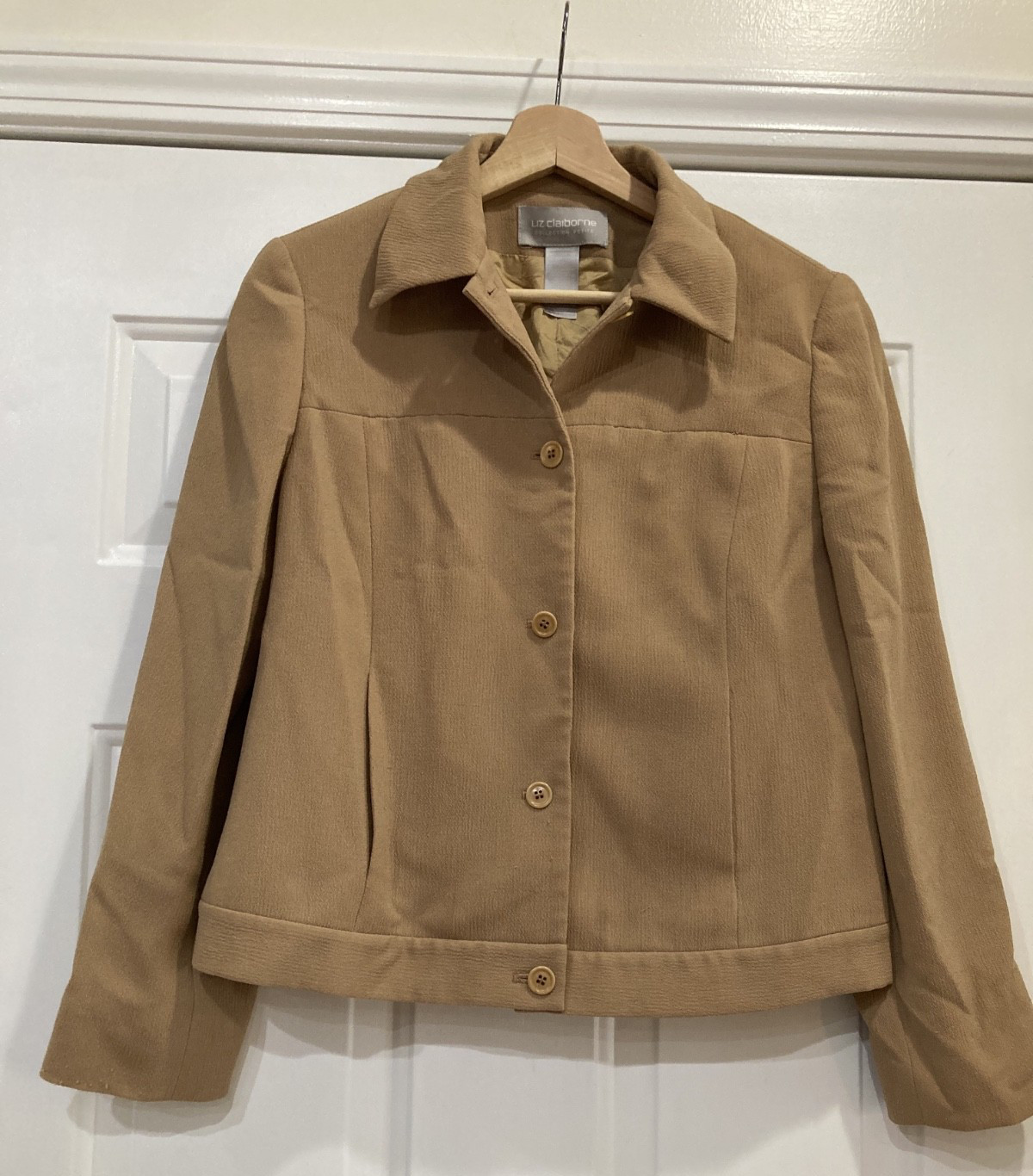 Vintage Liz Claiborne 90s Y2K Nubby Polyester Tan Camel Jacket, Size Petite 10