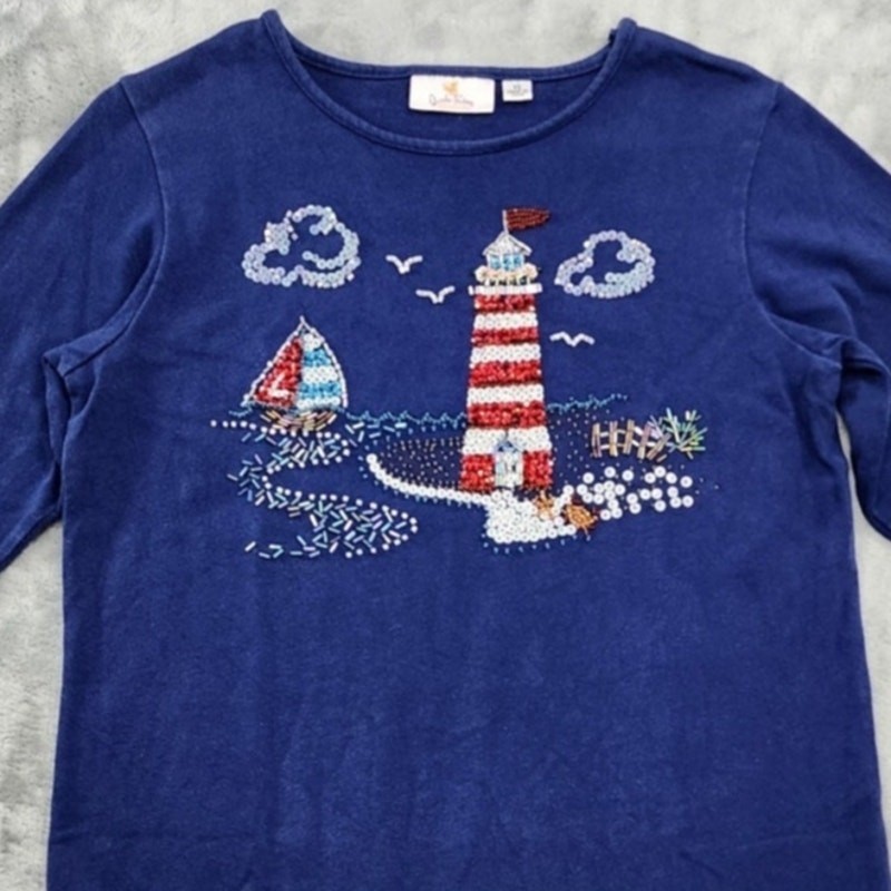 Vintage Quacker Factory Top Womens XS Blue Beaded Sequins Lighthouse Nautical