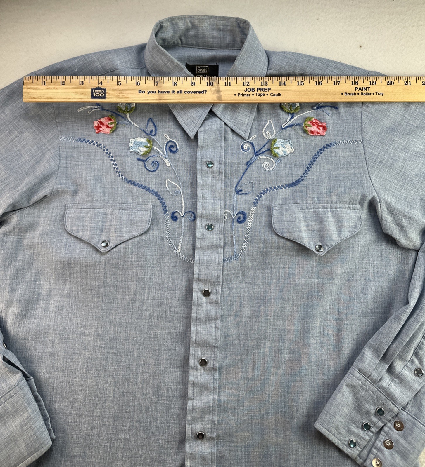 VTG 80s Sears Western Wear Pearl Snap Shirt Womens L Blue Floral Embroidered USA