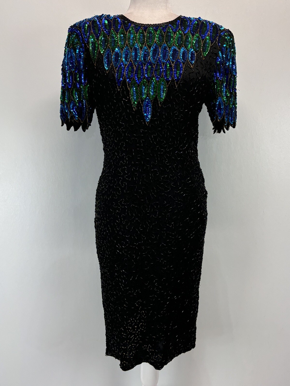 Vtg Stenay Beaded Silk Dress Sz 10 80’s Black Peacock Back Cutout Lined Short