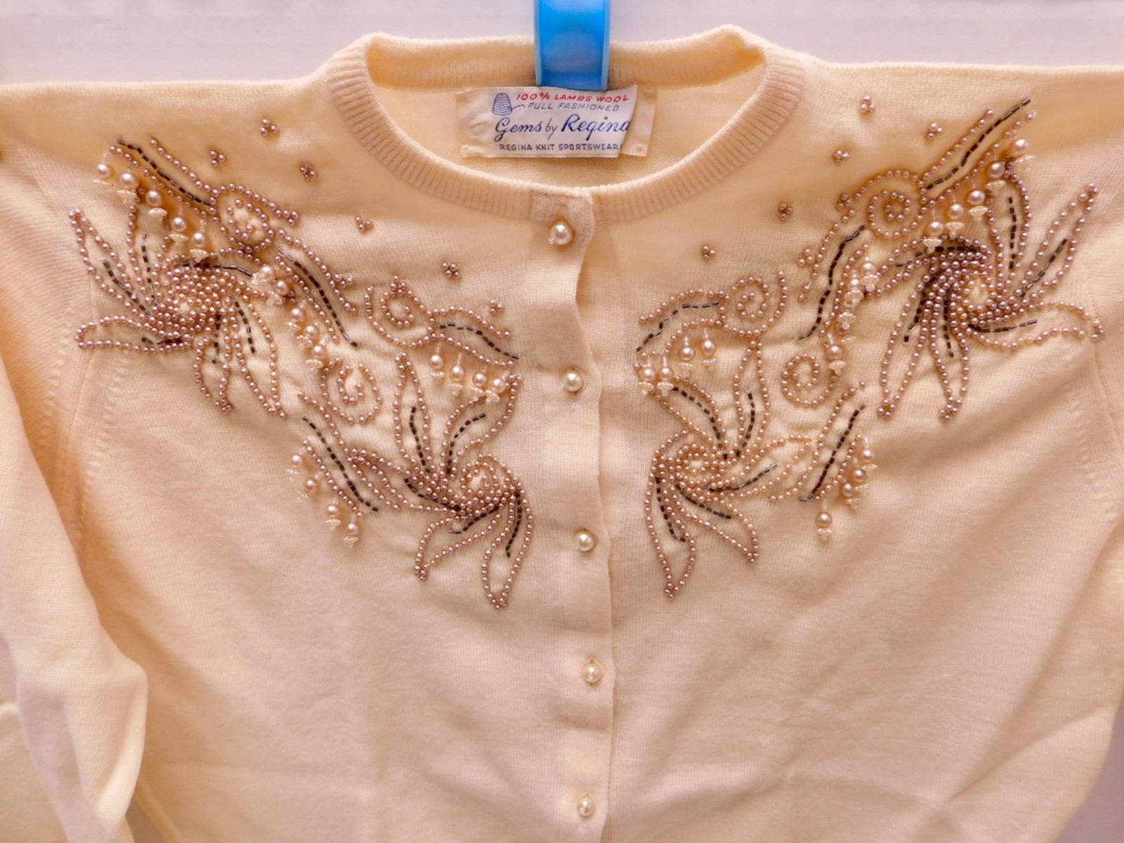 Vintage 1950s Dangle Beaded Lambswool Sweater Gems by Regina Cream Cardigan