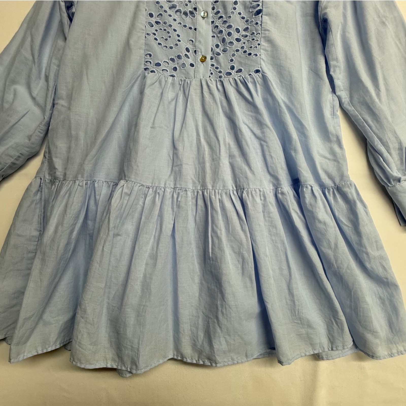 Zara Womens S Blue Eyelet Embroidered Tiered Shirt Dress Long Sleeve Cutwork