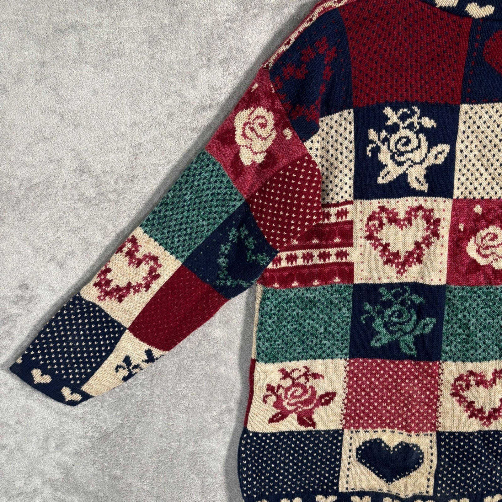 Classic Elements Vintage 90s Patchwork Heart Rose Knit Sweater Petite Large USA