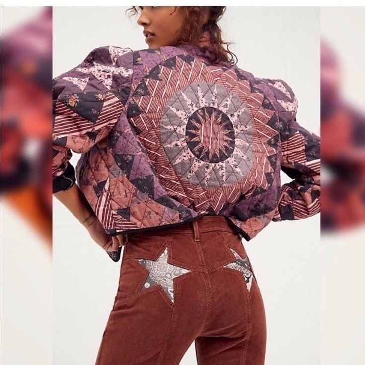 We The Free Free People FIRECRACKER Star Patchwork Corduroy FlarePants Rust 27