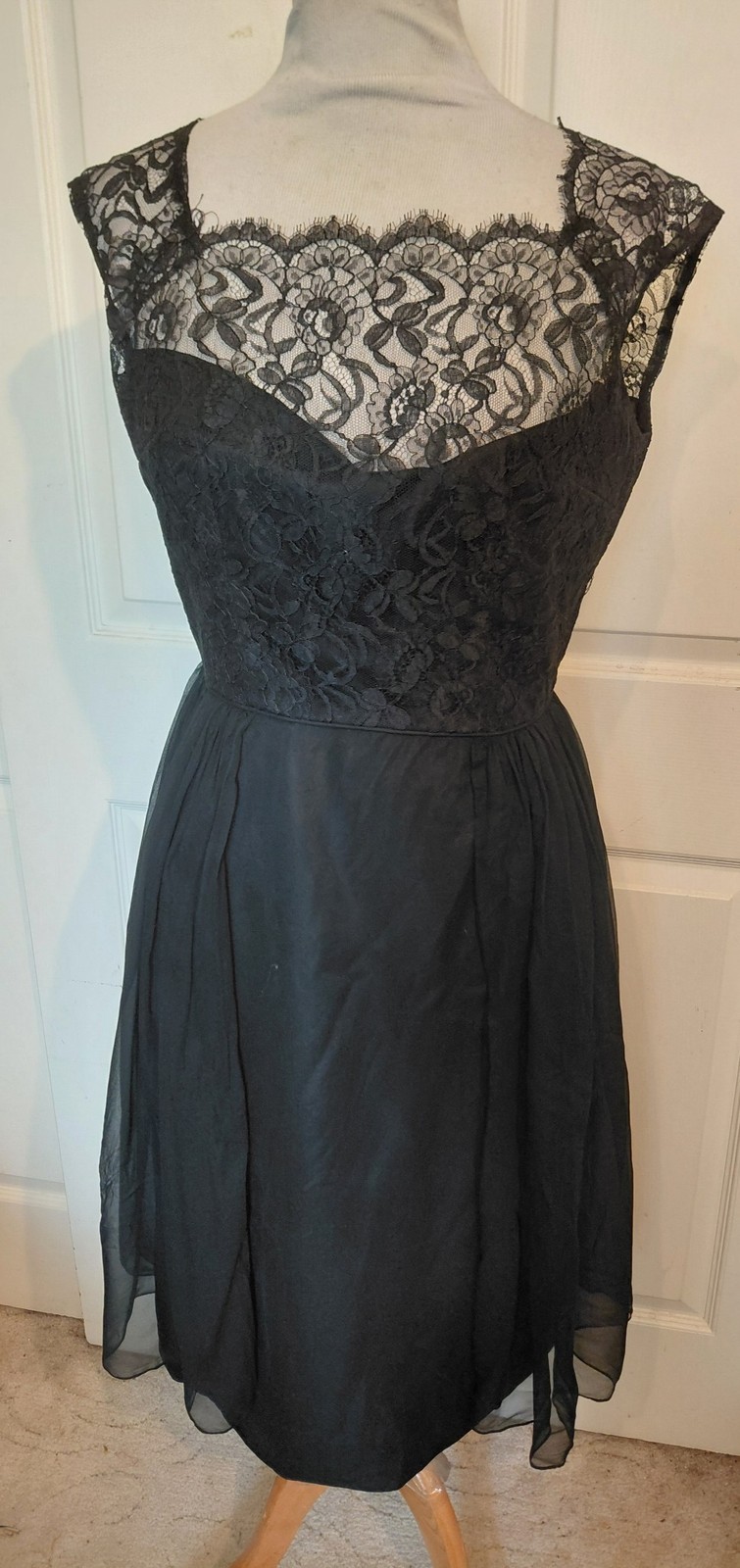 Vintage 50s 60s Black Lace & Chiffon Cocktail Dress B36⁸