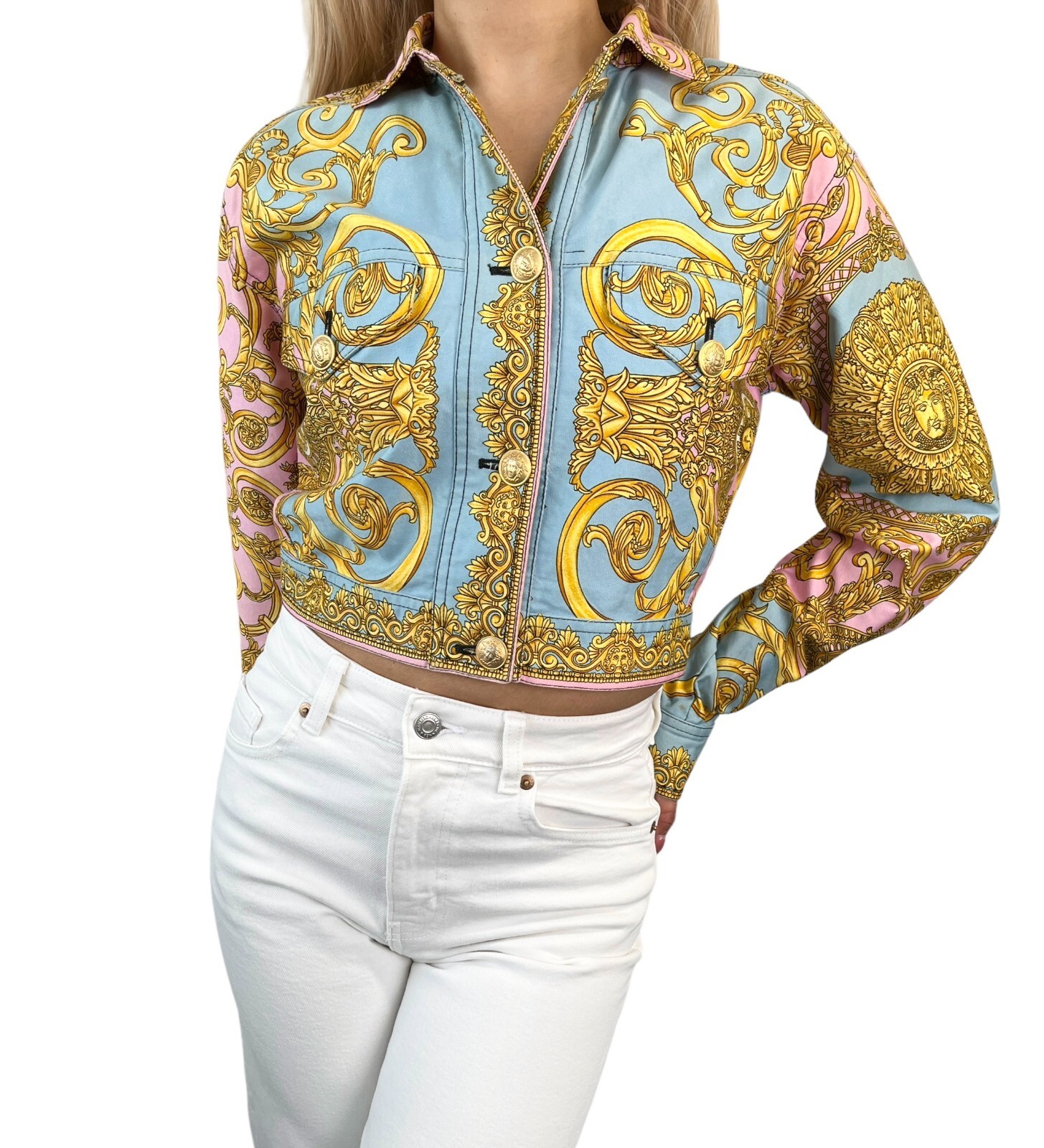 GIANNI VERSACE Vintage 1992 Medusa Baroque Denim Jacket Pink Blue Gold 103460